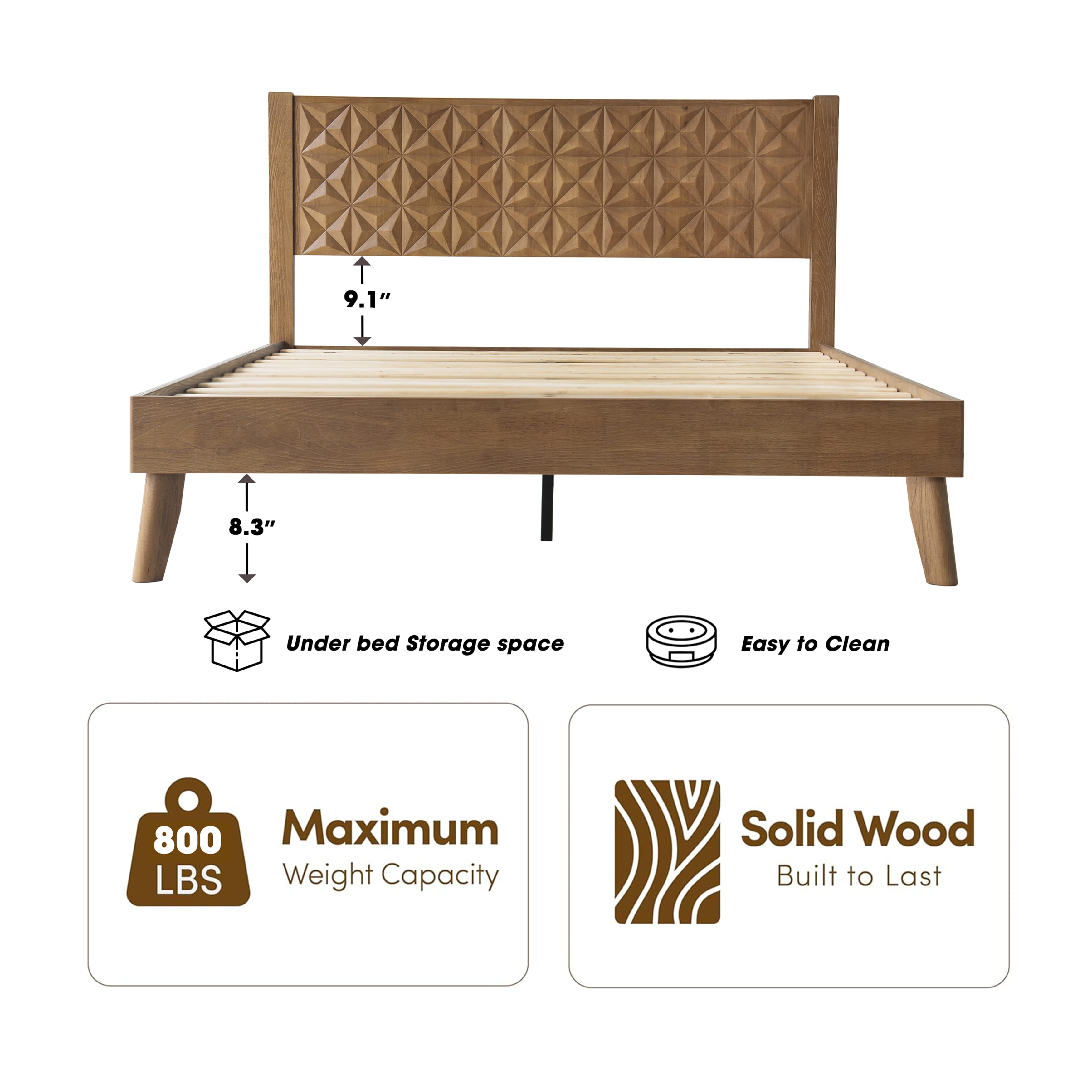 Queen Size Solid Wood Platform Bed Frame with Headboard & Footboard, Center Metal Legs, 12 Heavy-Duty Slats, Noise-Free & Anti-Slip Design, Easy Assembly, No Box Spring Needed, Barnwood Finish, UPQ-30