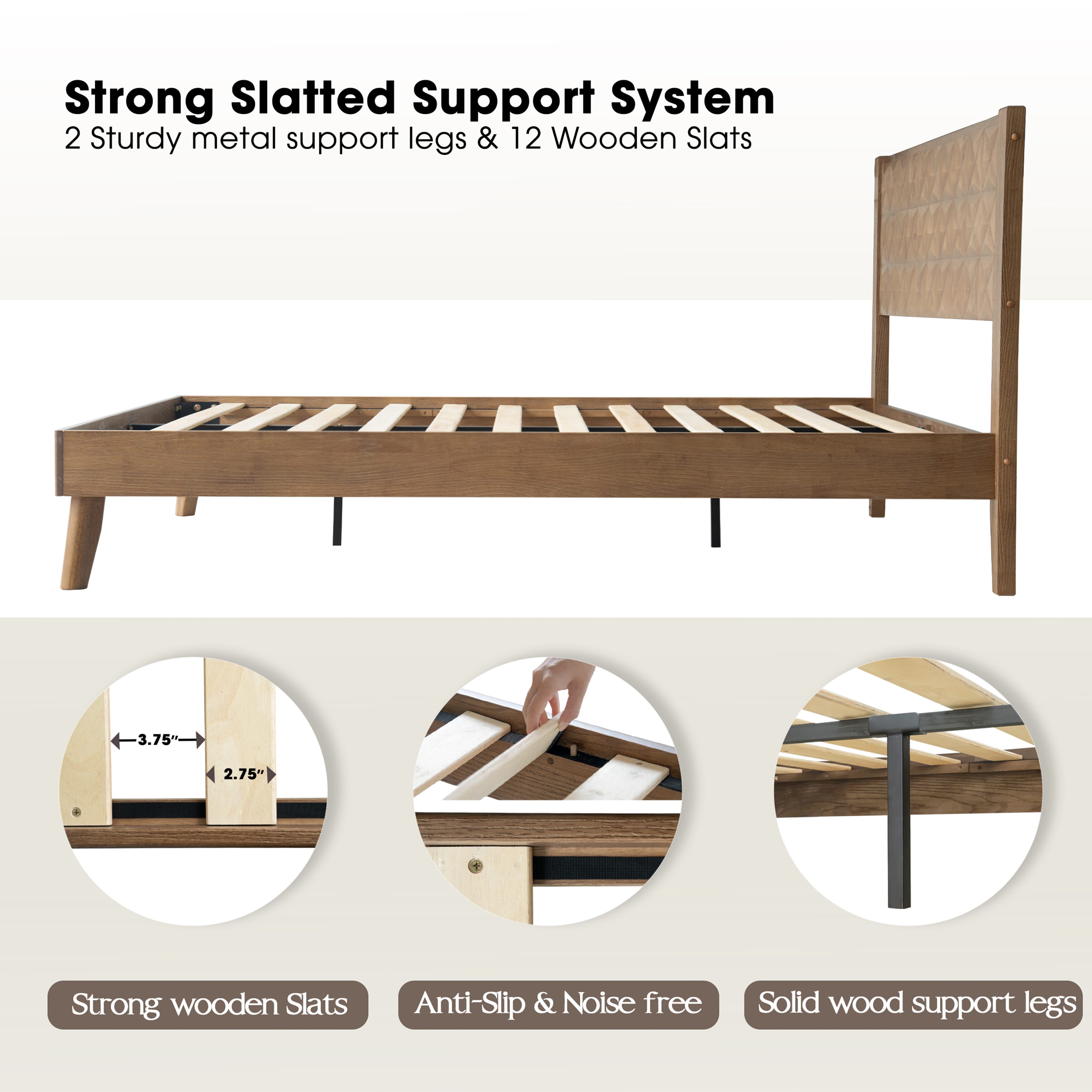 Queen Size Solid Wood Platform Bed Frame with Headboard & Footboard, Center Metal Legs, 12 Heavy-Duty Slats, Noise-Free & Anti-Slip Design, Easy Assembly, No Box Spring Needed, Barnwood Finish, UPQ-30