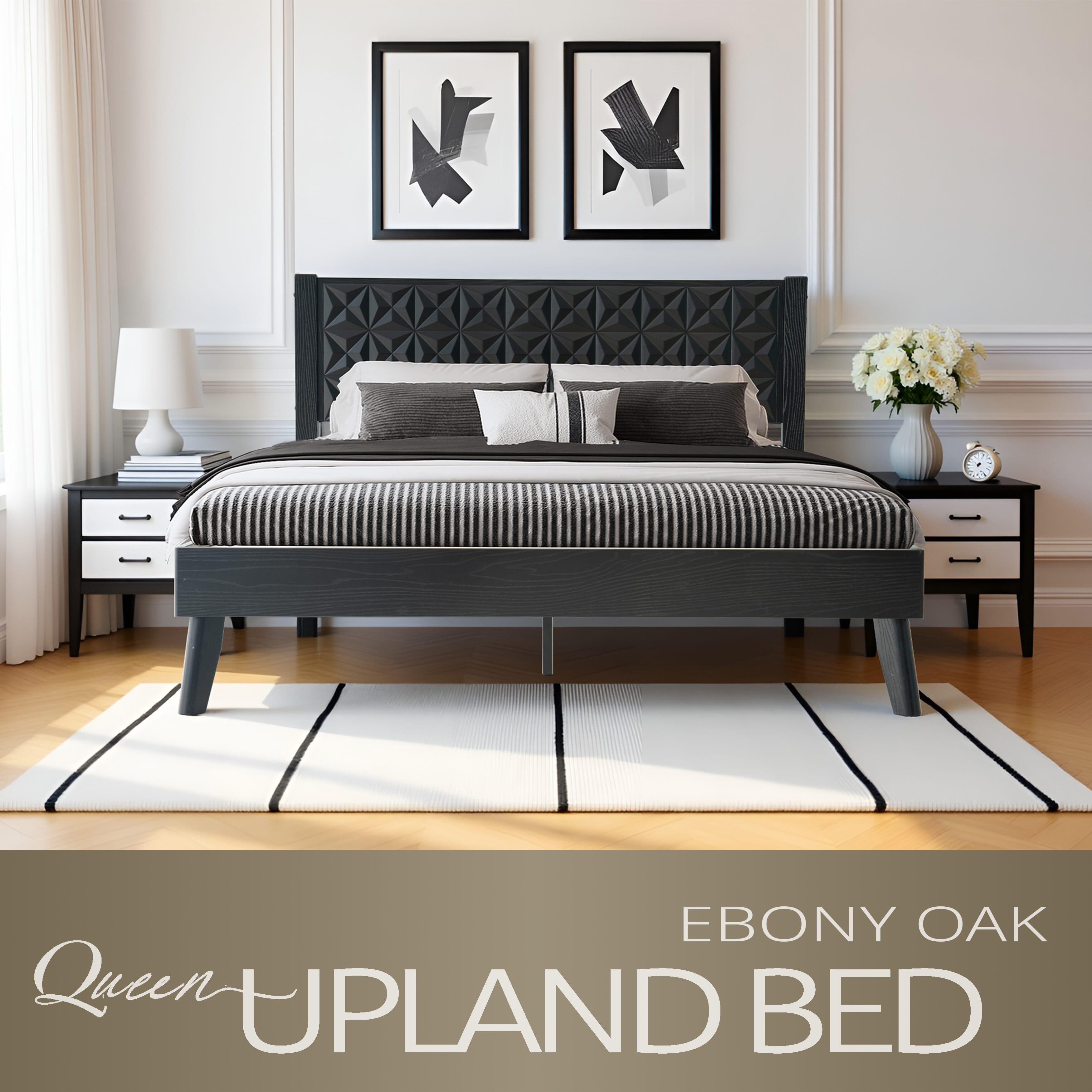 Queen Size Platform Bed Frame with Headboard & Footboard, Center Metal Legs, 12 Solid Wood Slatted Base, Easy Assembly, No Box Spring Needed, Noise-Free & Anti-Slip, Ebony Oak Finish, UPQ-35