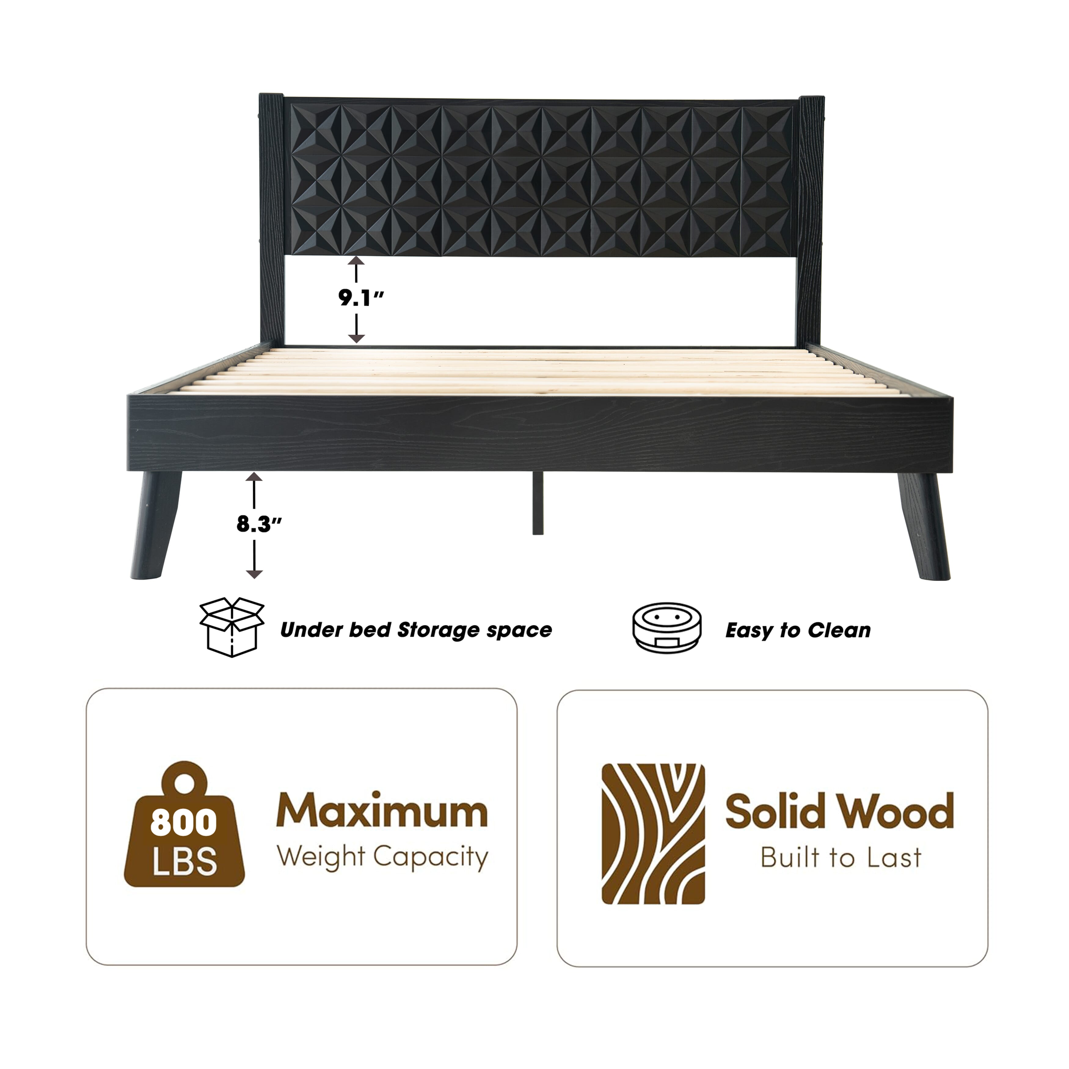Queen Size Platform Bed Frame with Headboard & Footboard, Center Metal Legs, 12 Solid Wood Slatted Base, Easy Assembly, No Box Spring Needed, Noise-Free & Anti-Slip, Ebony Oak Finish, UPQ-35