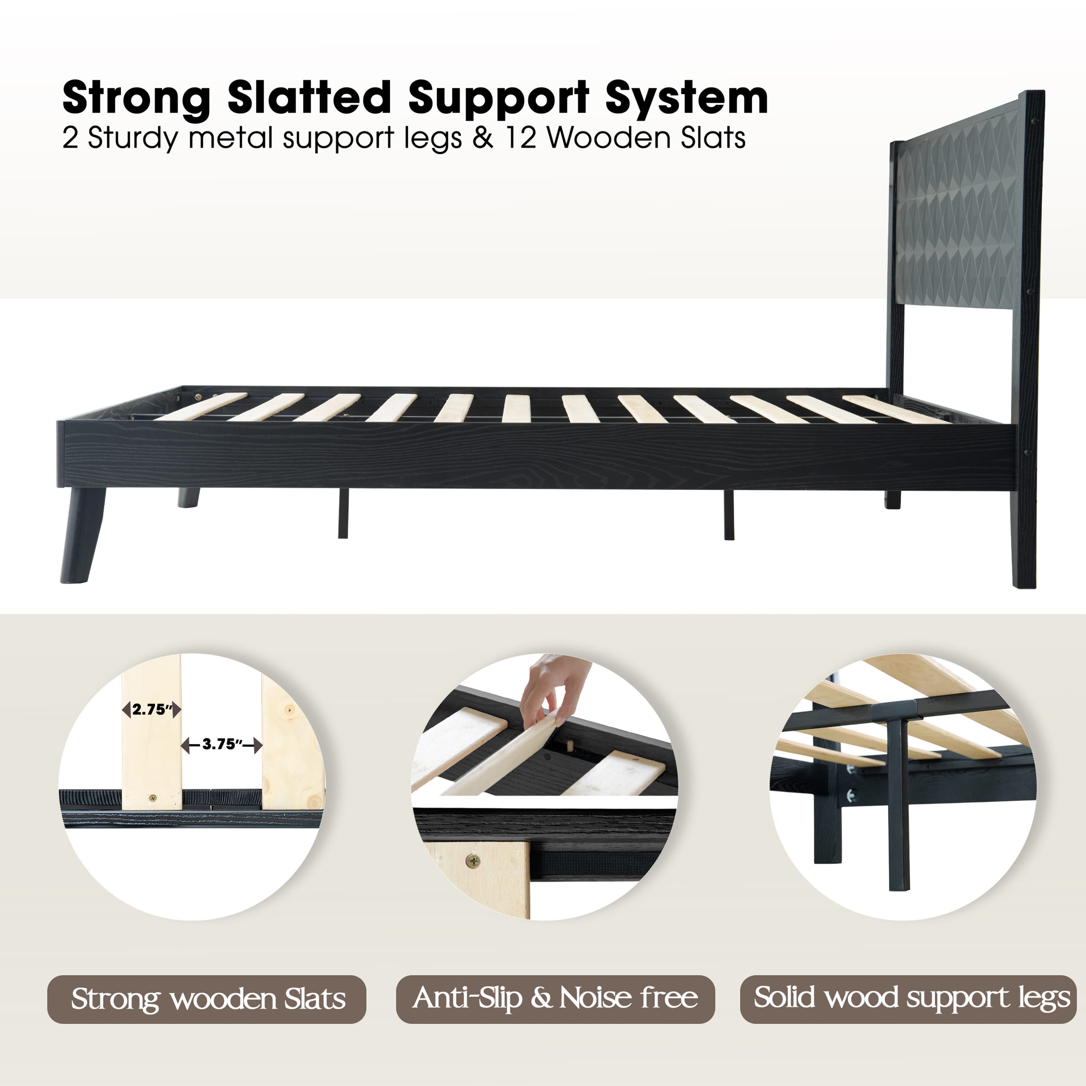 Queen Size Platform Bed Frame with Headboard & Footboard, Center Metal Legs, 12 Solid Wood Slatted Base, Easy Assembly, No Box Spring Needed, Noise-Free & Anti-Slip, Ebony Oak Finish, UPQ-35