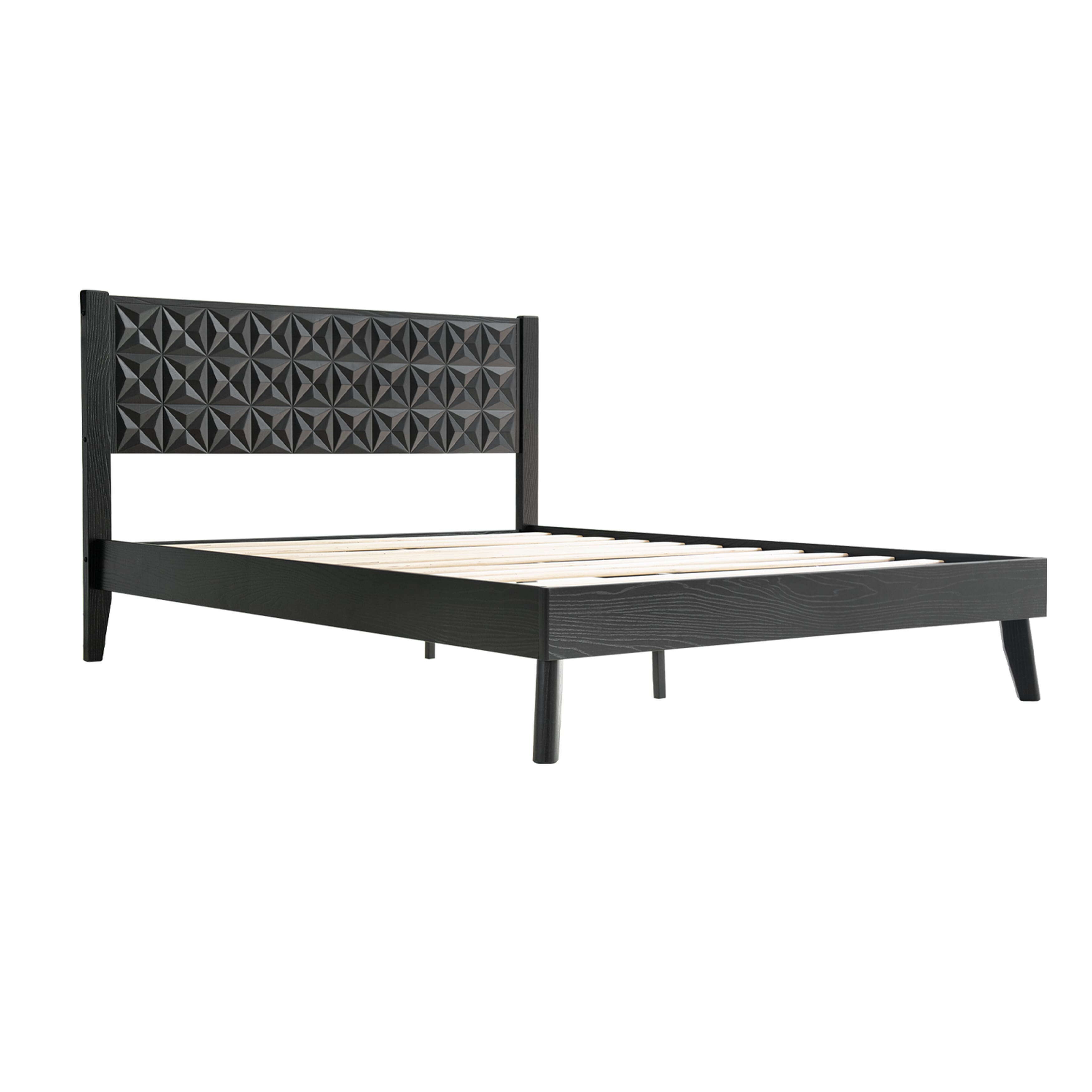 Queen Size Platform Bed Frame with Headboard & Footboard, Center Metal Legs, 12 Solid Wood Slatted Base, Easy Assembly, No Box Spring Needed, Noise-Free & Anti-Slip, Ebony Oak Finish, UPQ-35