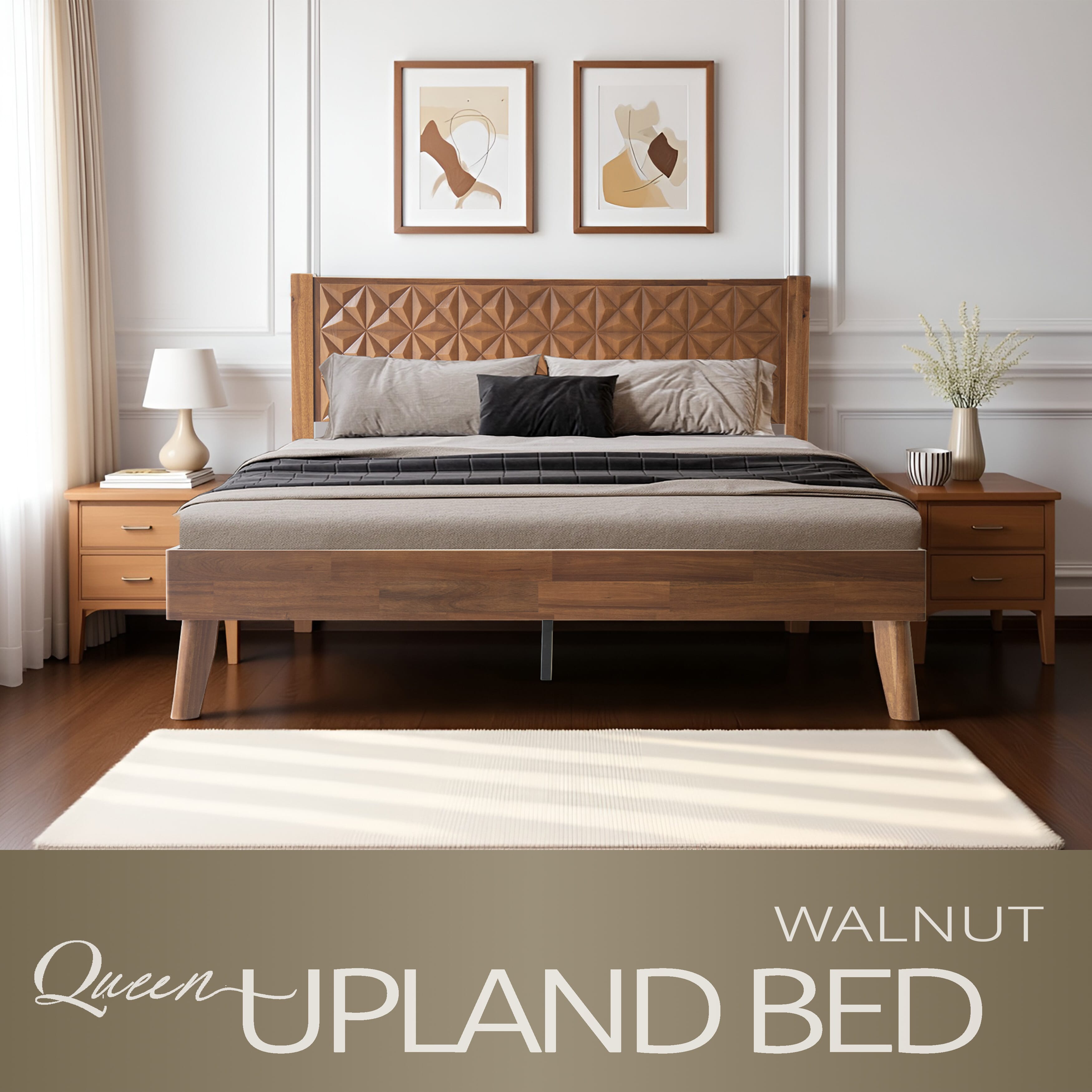 Queen Size Bed Frame with Headboard & Footboard, Solid Wood Platform Bed with Metal Legs, 12 Reinforced Slatted Base, Noise-Free & Anti-Slip, No Box Spring Needed, Walnut Finish, UPQ-37