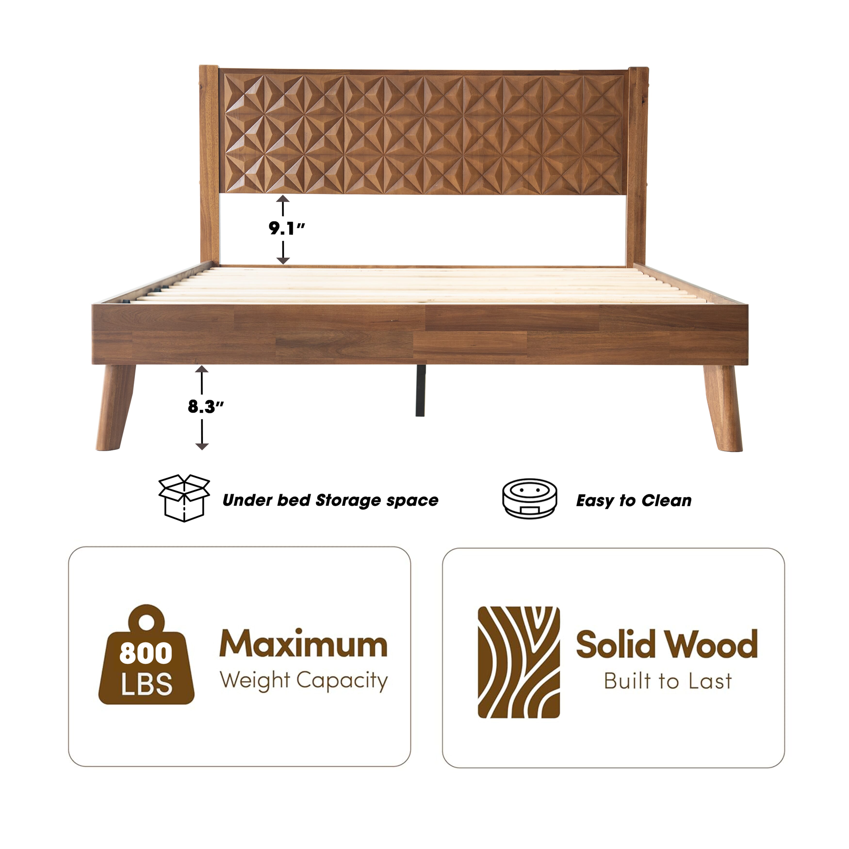 Queen Size Bed Frame with Headboard & Footboard, Solid Wood Platform Bed with Metal Legs, 12 Reinforced Slatted Base, Noise-Free & Anti-Slip, No Box Spring Needed, Walnut Finish, UPQ-37