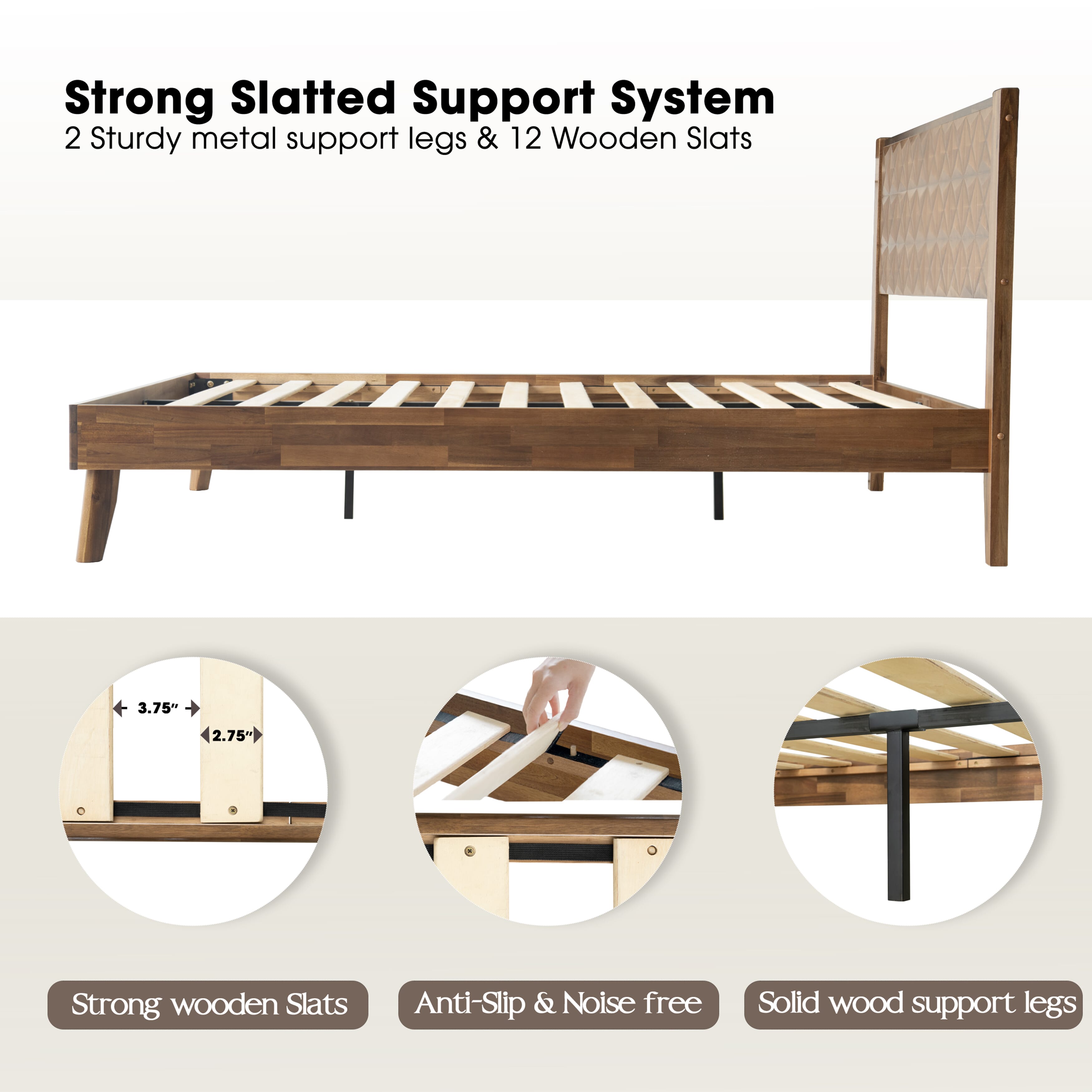 Queen Size Bed Frame with Headboard & Footboard, Solid Wood Platform Bed with Metal Legs, 12 Reinforced Slatted Base, Noise-Free & Anti-Slip, No Box Spring Needed, Walnut Finish, UPQ-37
