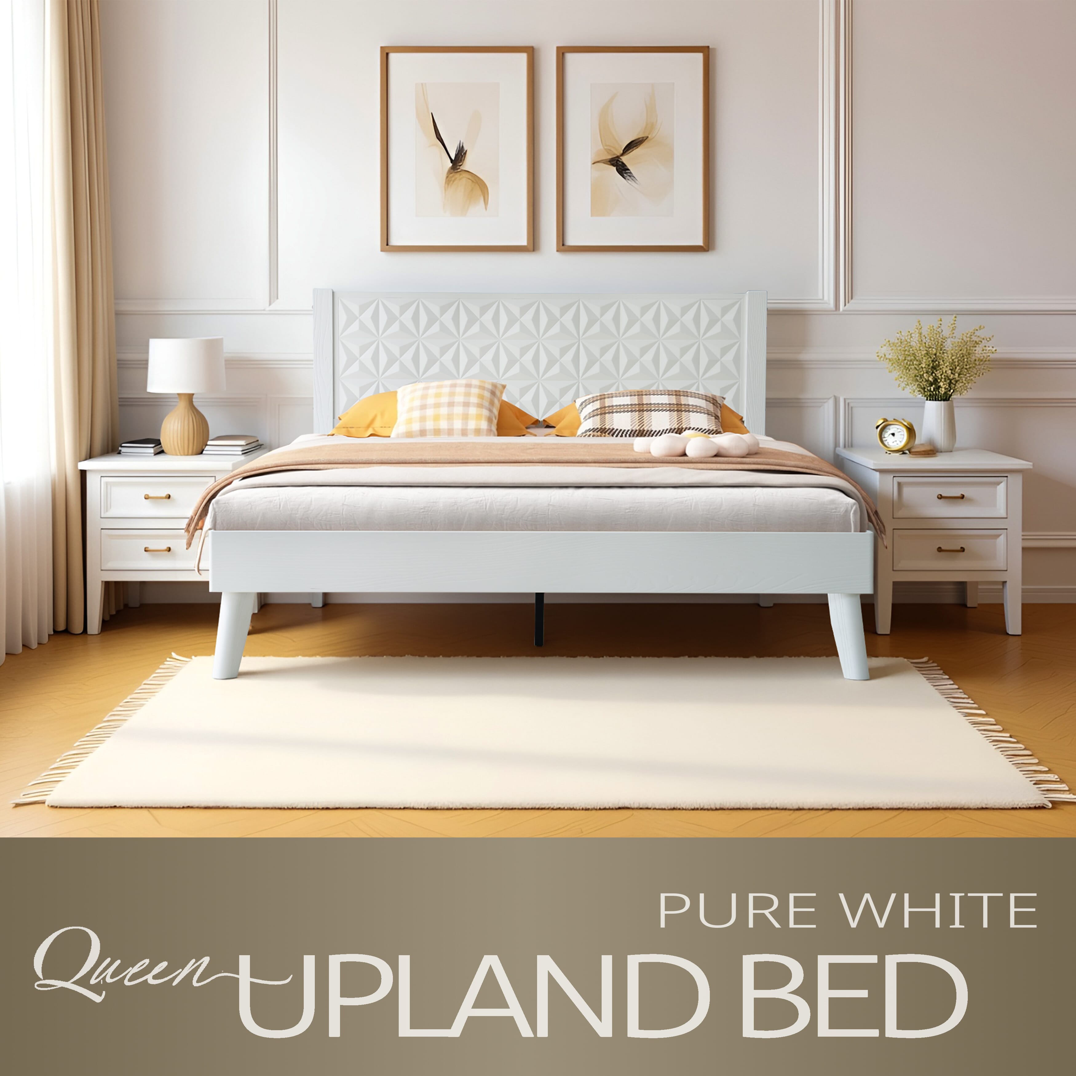 Queen Size Solid Wood Platform Bed Frame with Headboard & Footboard, Central Metal Legs, 12 Sturdy Slats, Noise-Free & Anti-Slip Design, Easy Assembly, No Box Spring Needed, Pure White Finish, UPQ-39