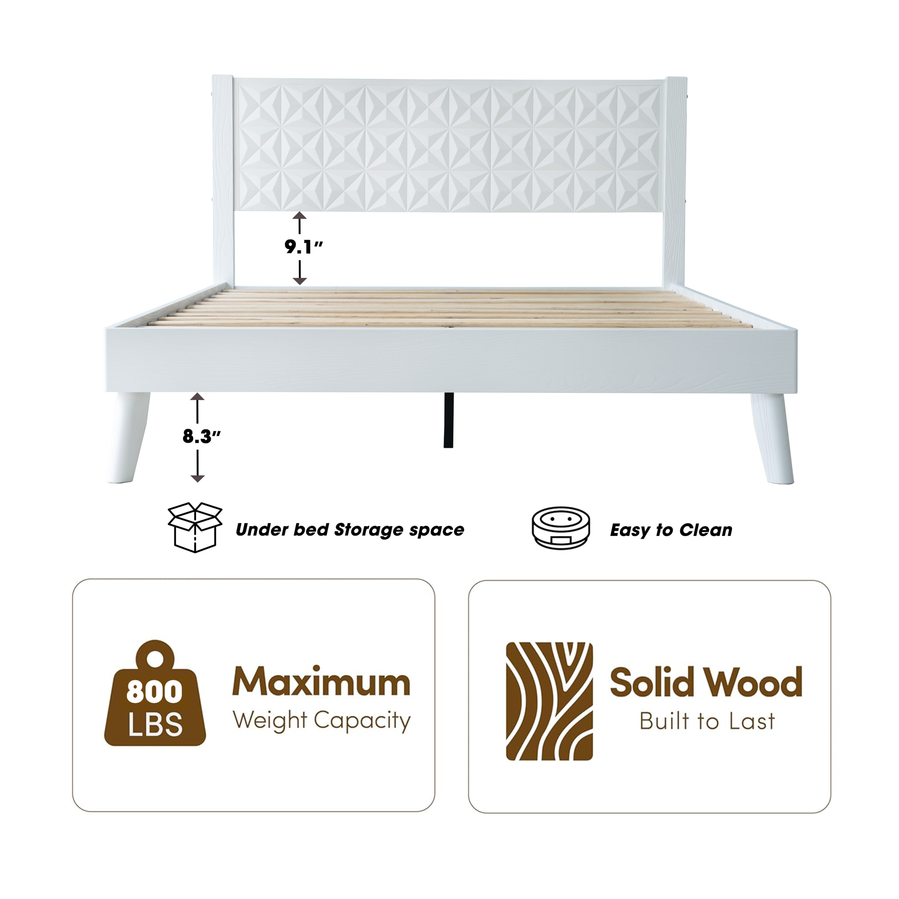Queen Size Solid Wood Platform Bed Frame with Headboard & Footboard, Central Metal Legs, 12 Sturdy Slats, Noise-Free & Anti-Slip Design, Easy Assembly, No Box Spring Needed, Pure White Finish, UPQ-39