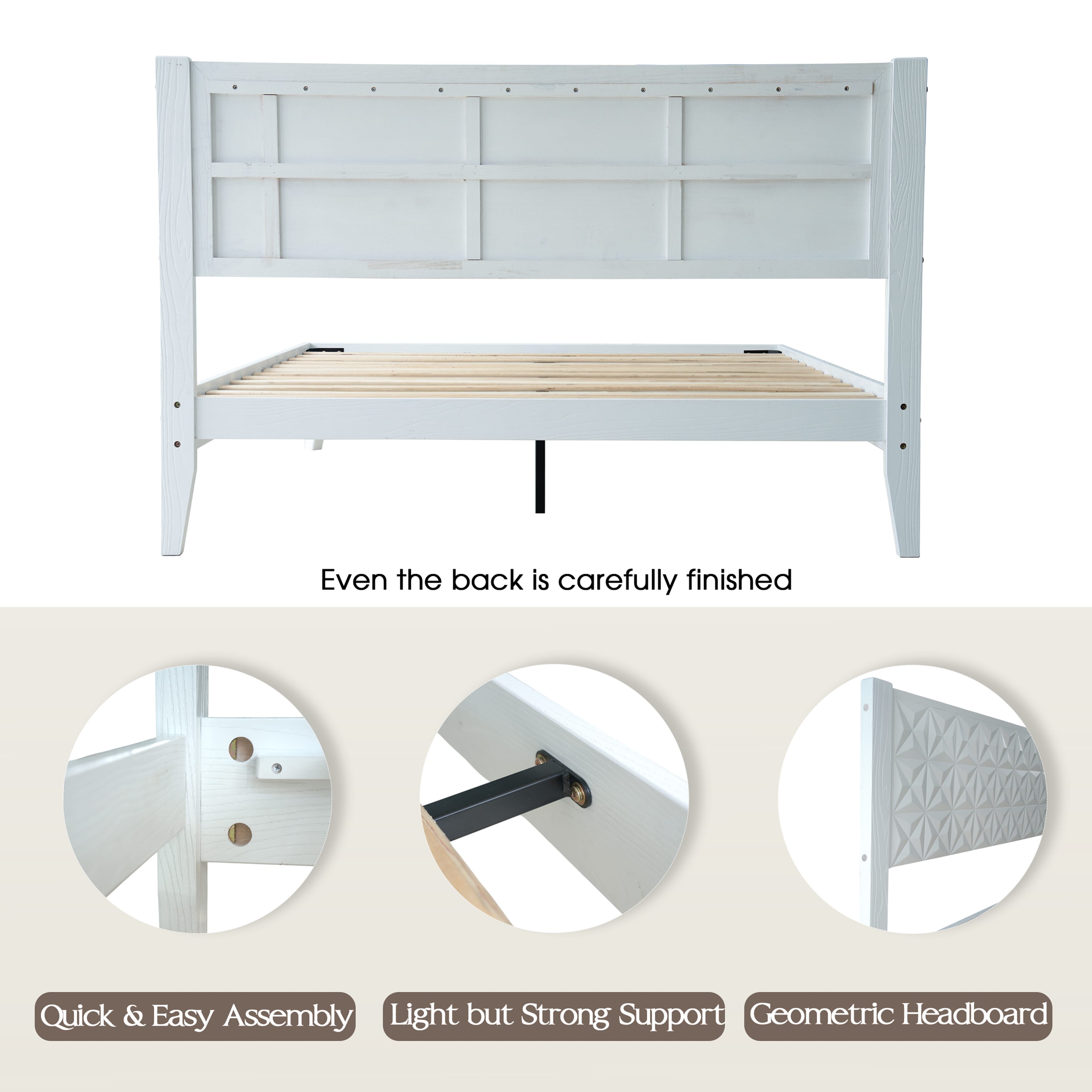 Queen Size Solid Wood Platform Bed Frame with Headboard & Footboard, Central Metal Legs, 12 Sturdy Slats, Noise-Free & Anti-Slip Design, Easy Assembly, No Box Spring Needed, Pure White Finish, UPQ-39