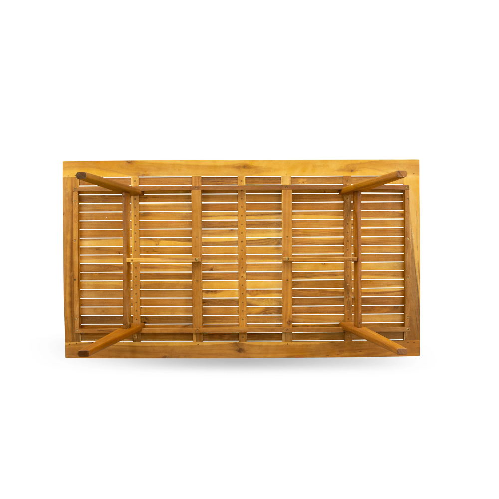 El juego de mesa de jardín para patio DEBS9CANA de 9 piezas de East West Furniture incluye una mesa de comedor rectangular de madera de acacia para exteriores y 8 sillas plegables.