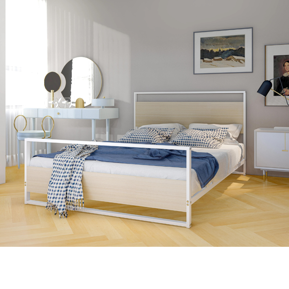 East West Furniture ERFBW02 Erie Platform Bed Frame with 4 Metal Legs - High-class Bed in Powder Coating Linen white Color and Linen white Wood laminate