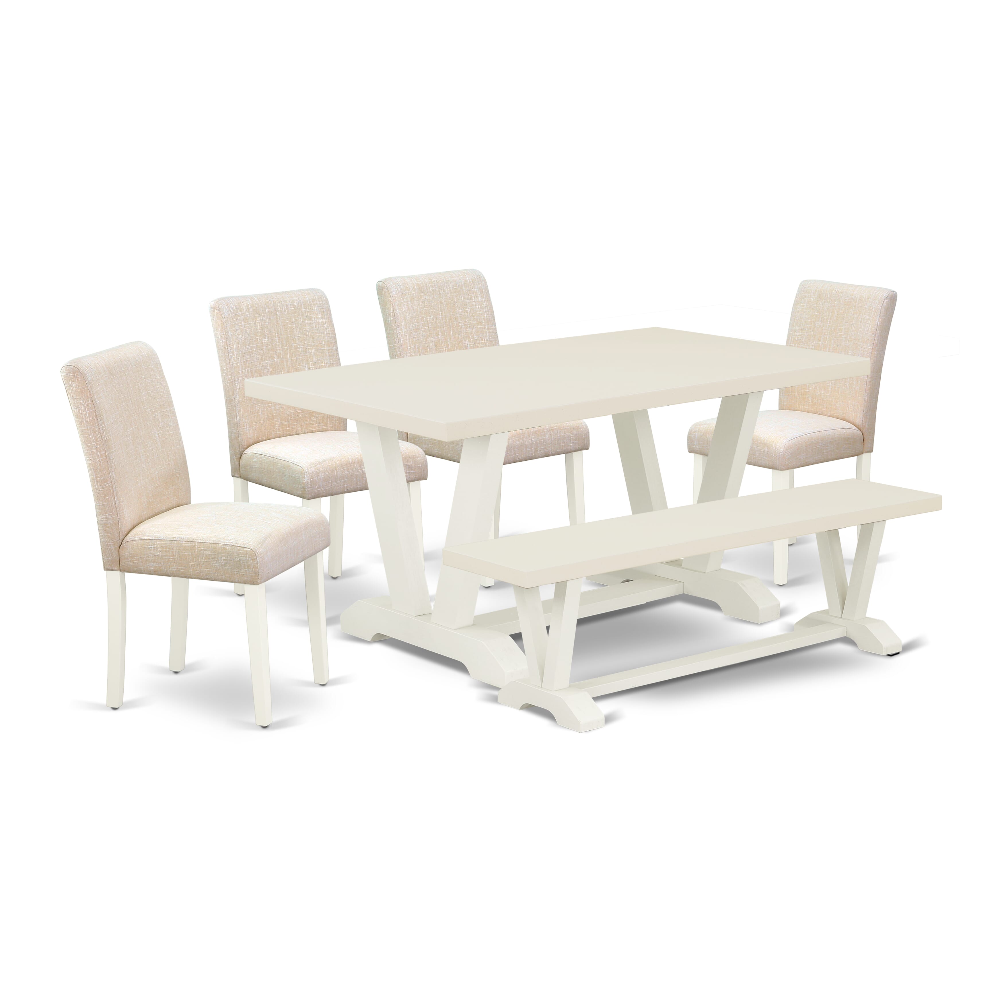 EAST WEST FURNITURE - V026AB202-6 - 6-Pc Kitchen Dining Room Set - 4 Dining Chairs, a Modern Bench and 1 Dining Table - linen white Finish