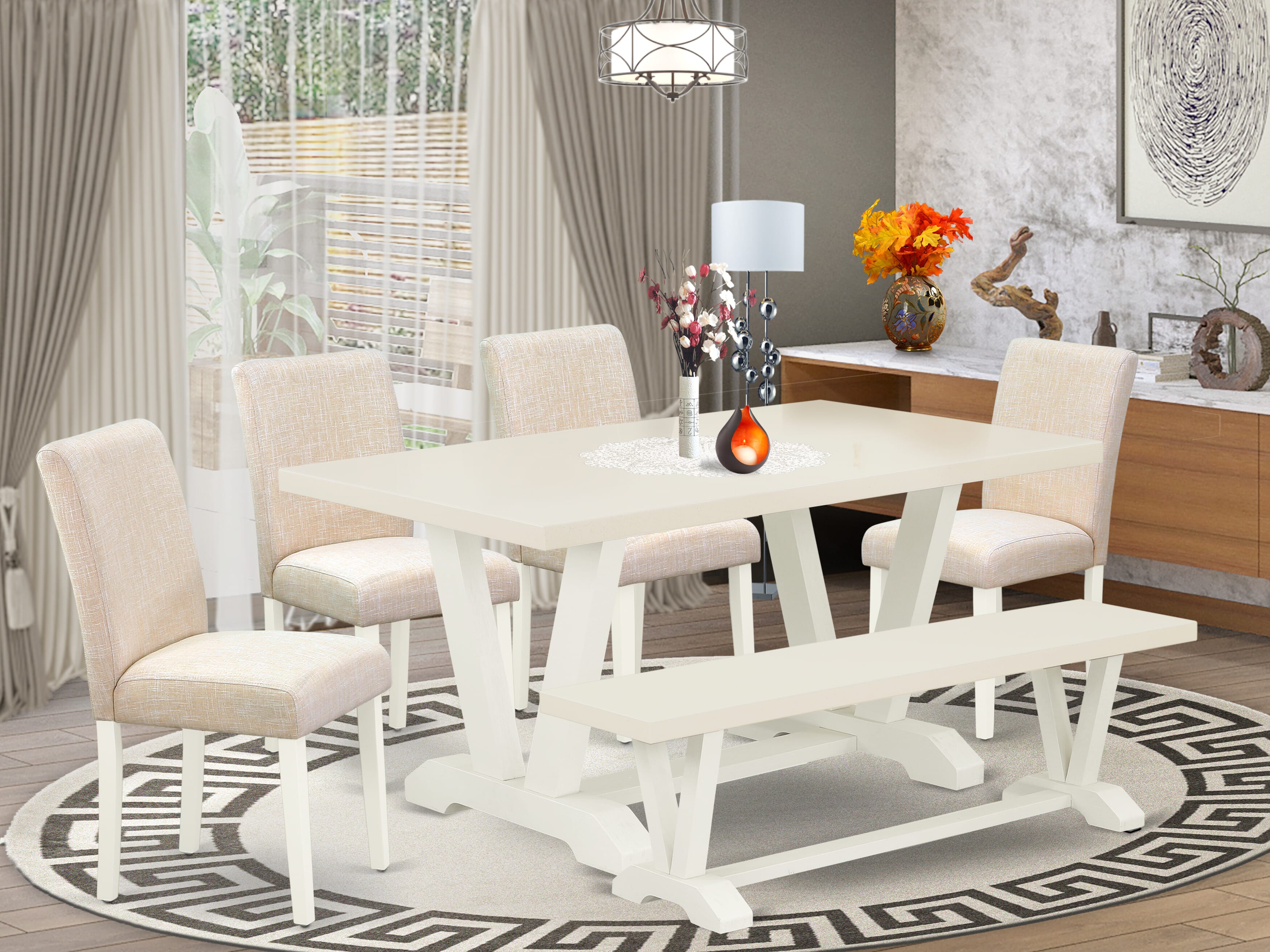EAST WEST FURNITURE - V026AB202-6 - 6-Pc Kitchen Dining Room Set - 4 Dining Chairs, a Modern Bench and 1 Dining Table - linen white Finish