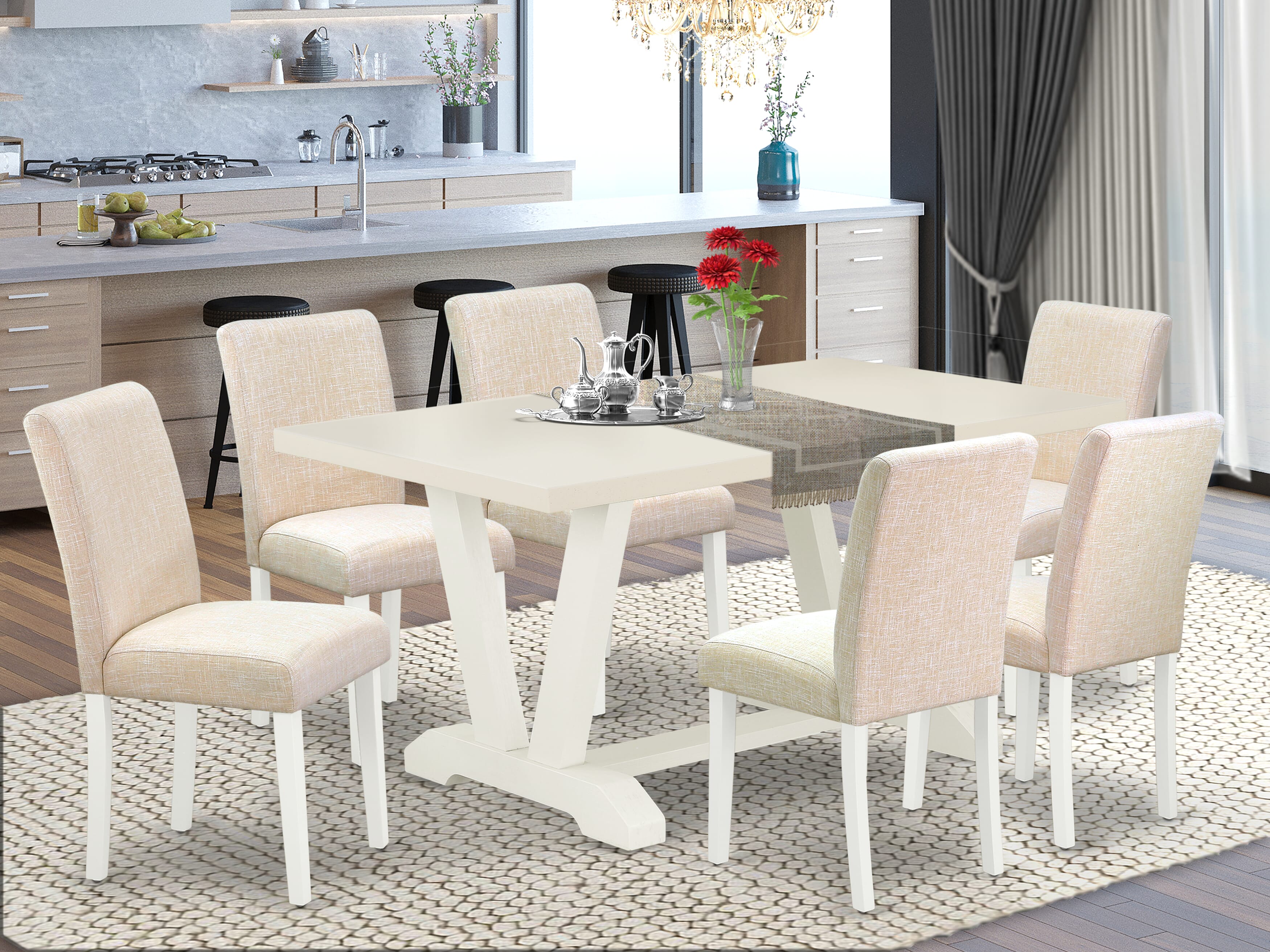 EAST WEST FURNITURE - V026AB202-7 - 7-Pc Dining Room Table Set - 6 Parson Chairs and 1 Modern Dining Table - linen white Finish