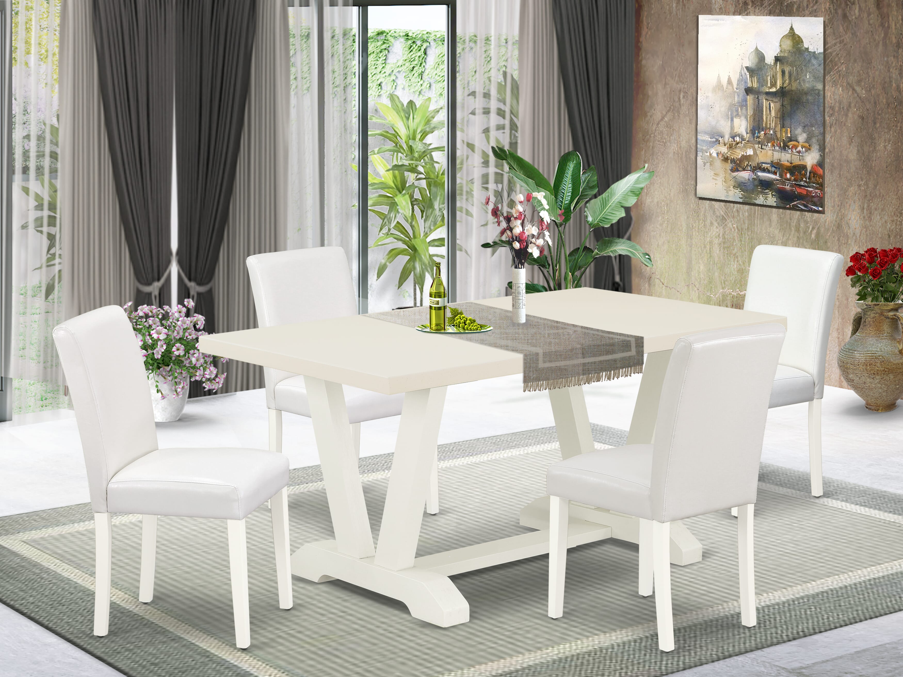 East West Furniture V026AB264-5 5-Piece Dining Set with Dining Room Table - 4 PU faux Leather dining room chairs (linen white Finish)