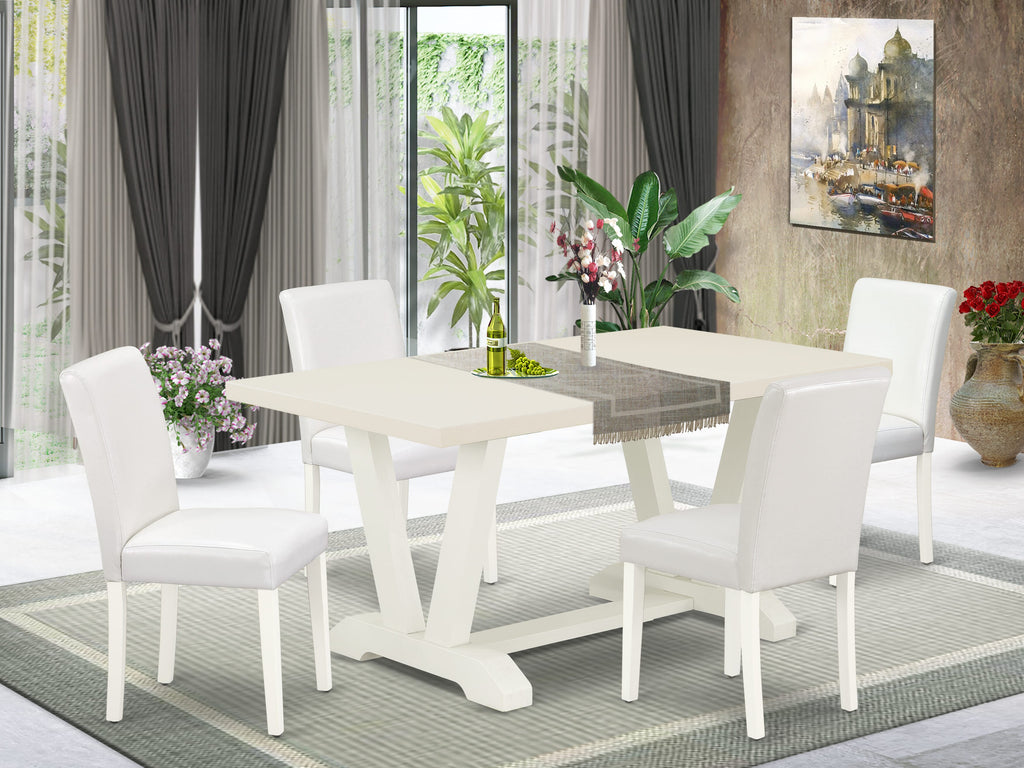 East West Furniture V026AB264-5 5-Piece Dining Set with Dining Room Table - 4 PU faux Leather dining room chairs (linen white Finish)