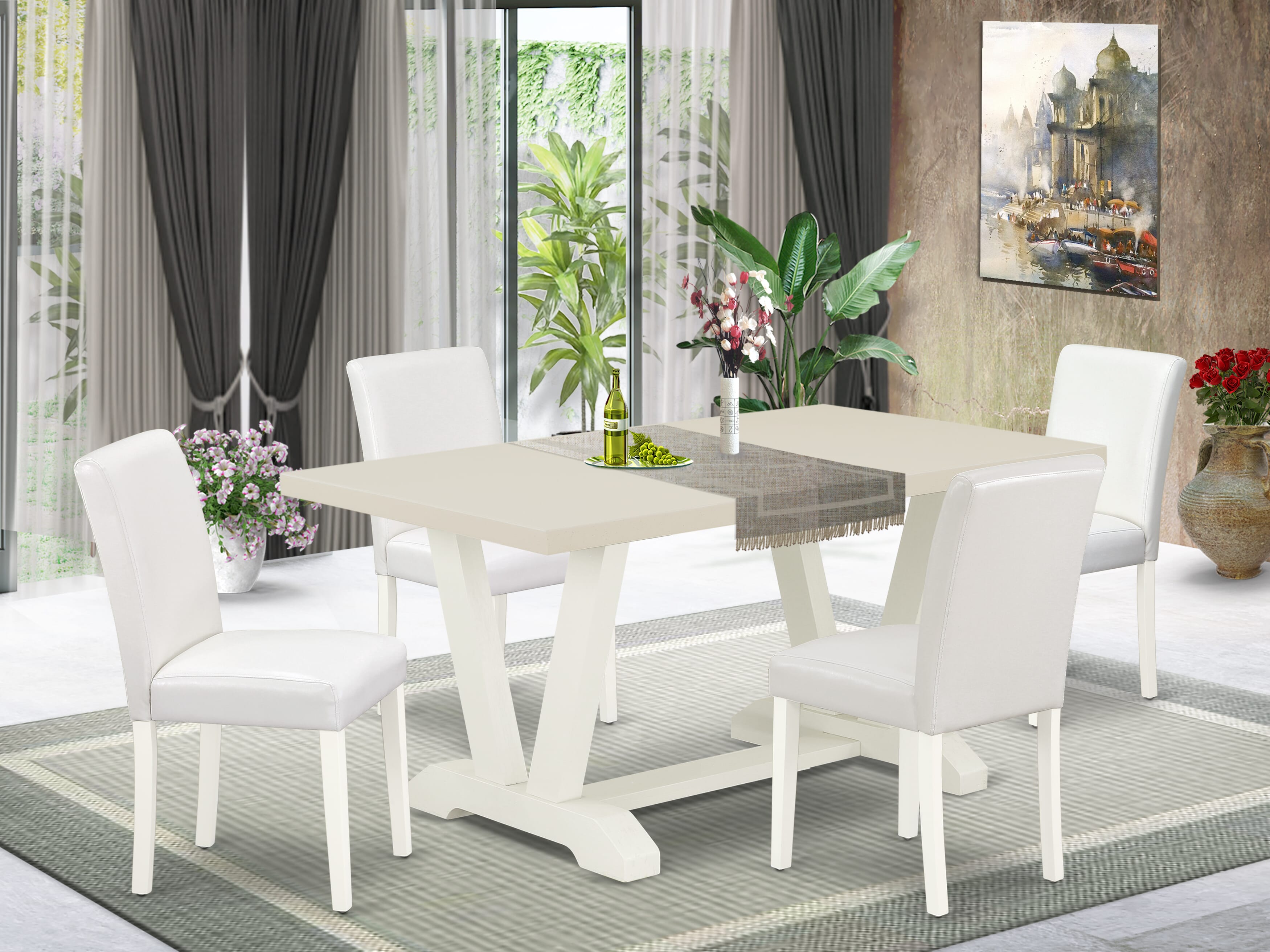 East West Furniture V026AB264-5 5-Piece Dining Set with Dining Room Table - 4 PU faux Leather dining room chairs (linen white Finish)