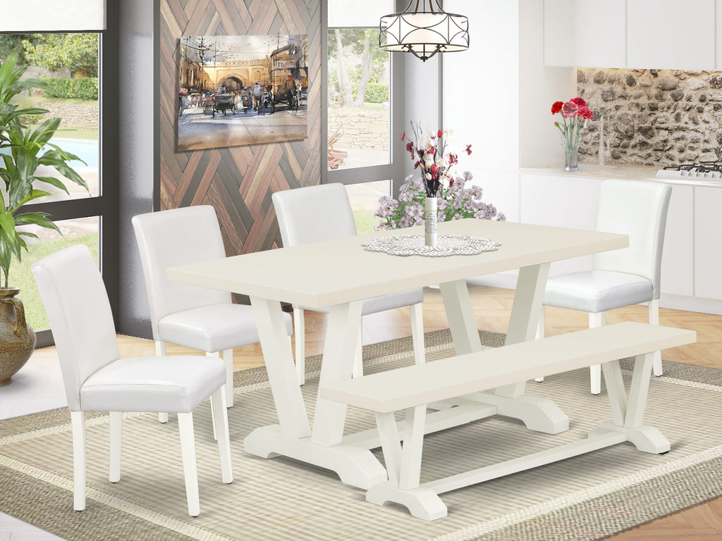 East West Furniture V026AB264-6 6-Piece Dinette Set with Dining Table and Dining Bench - 4 PU faux Leather dining room chairs (linen white Finish)