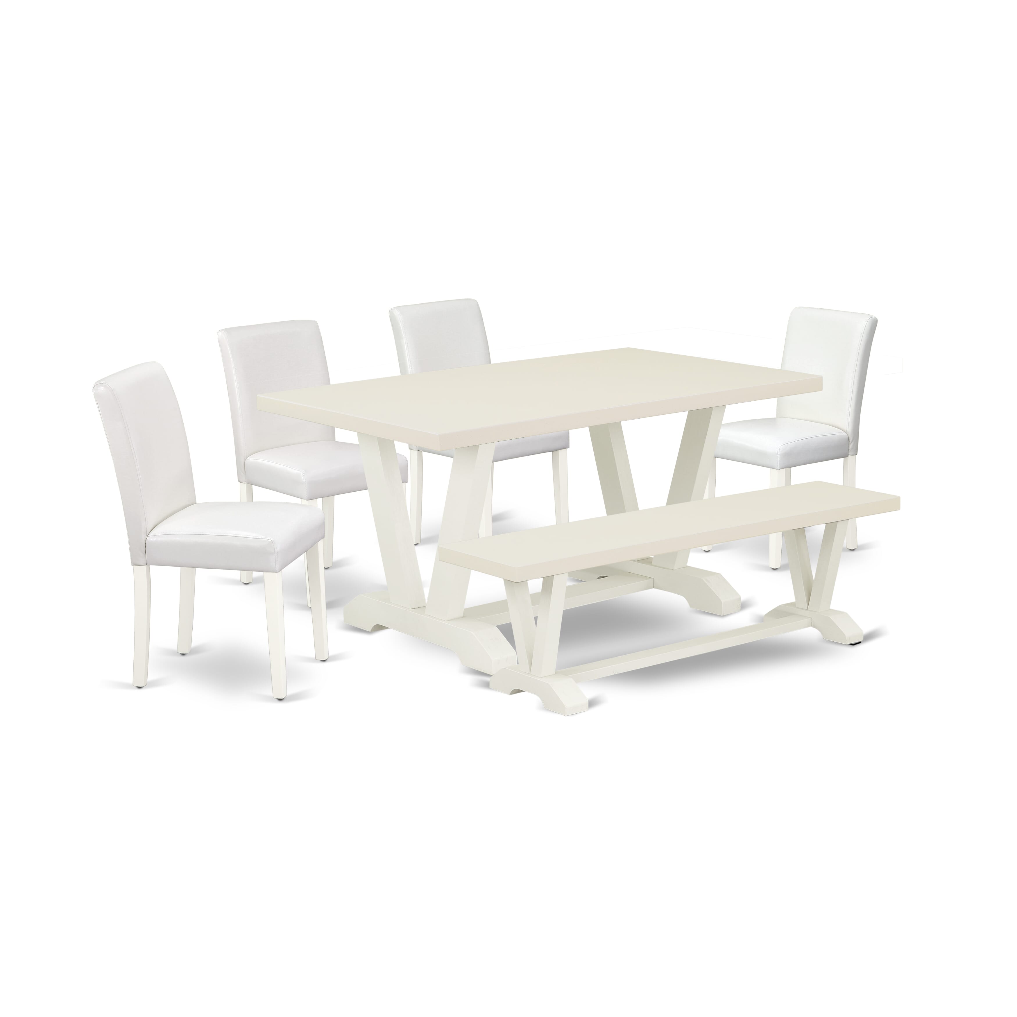 East West Furniture V026AB264-6 6-Piece Dinette Set with Dining Table and Dining Bench - 4 PU faux Leather dining room chairs (linen white Finish)