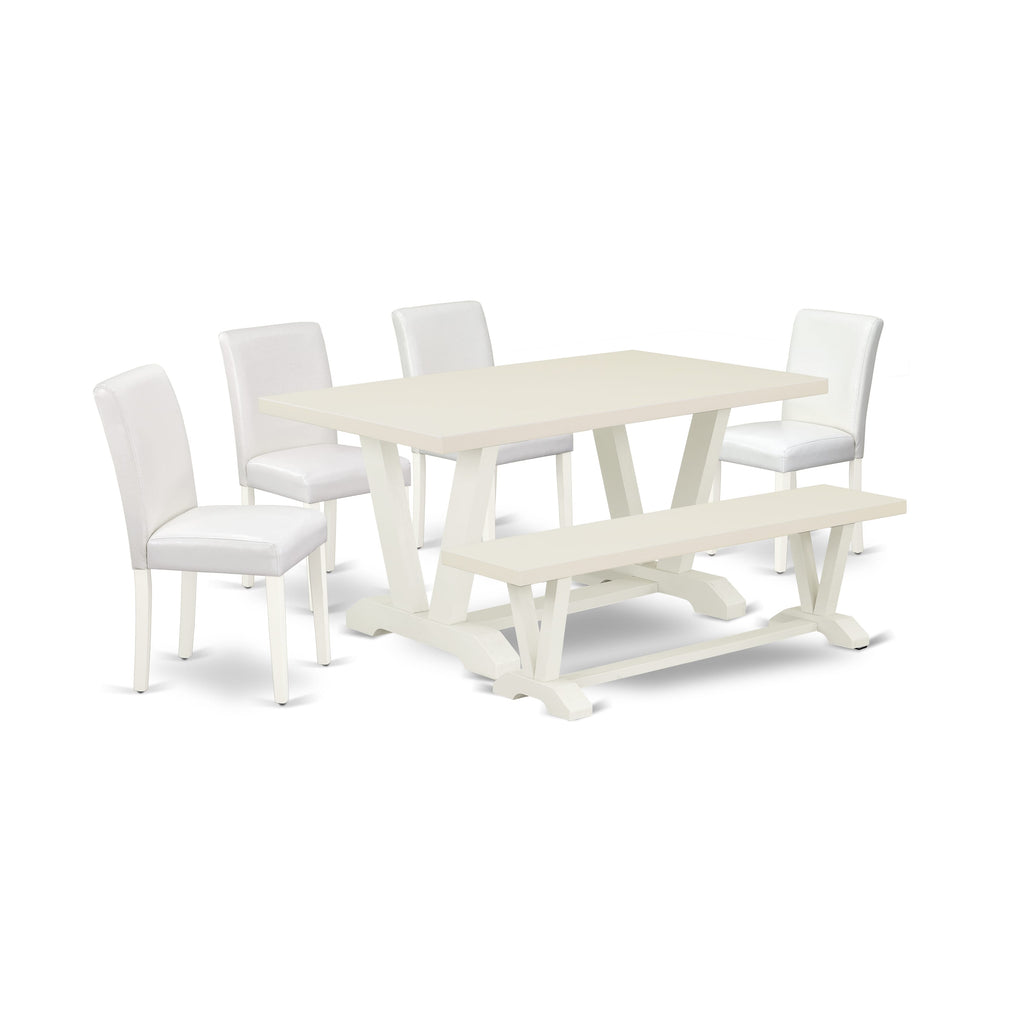 East West Furniture V026AB264-6 6-Piece Dinette Set with Dining Table and Dining Bench - 4 PU faux Leather dining room chairs (linen white Finish)