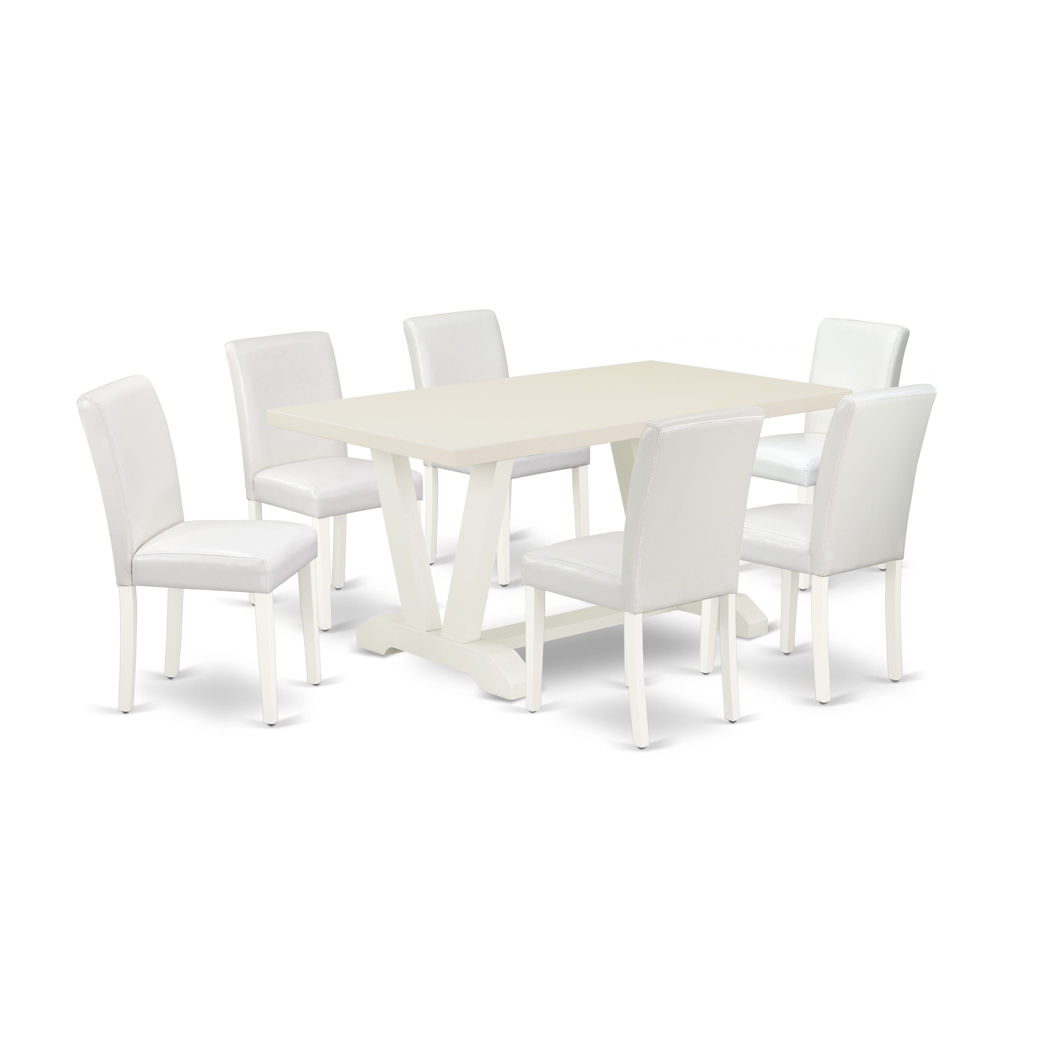 Juego de mesa de cocina de 7 piezas East West Furniture V026AB264-7 con una magnífica superficie de comedor de lino blanco y 6 excelentes sillas acolchadas de cuero sintético con un elegante respaldo.