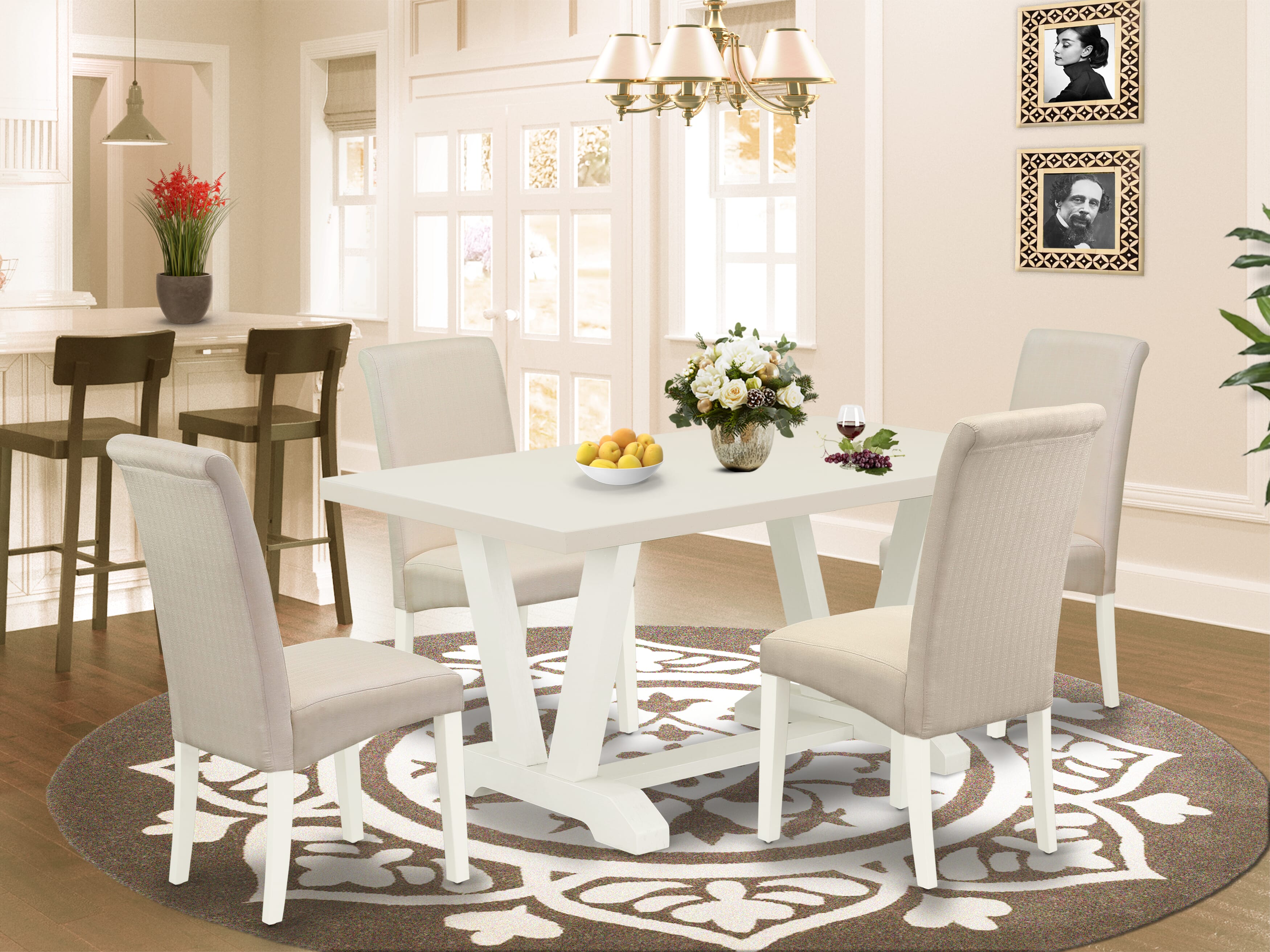East West Furniture V026BA201-5 5-Piece rectangular Dinette SetIncluded 4 Parson Chairs Upholstered Seat and High Curved Back and Rectangular Dining Room Table with linen white Kitchen Table top (linen white Finish)