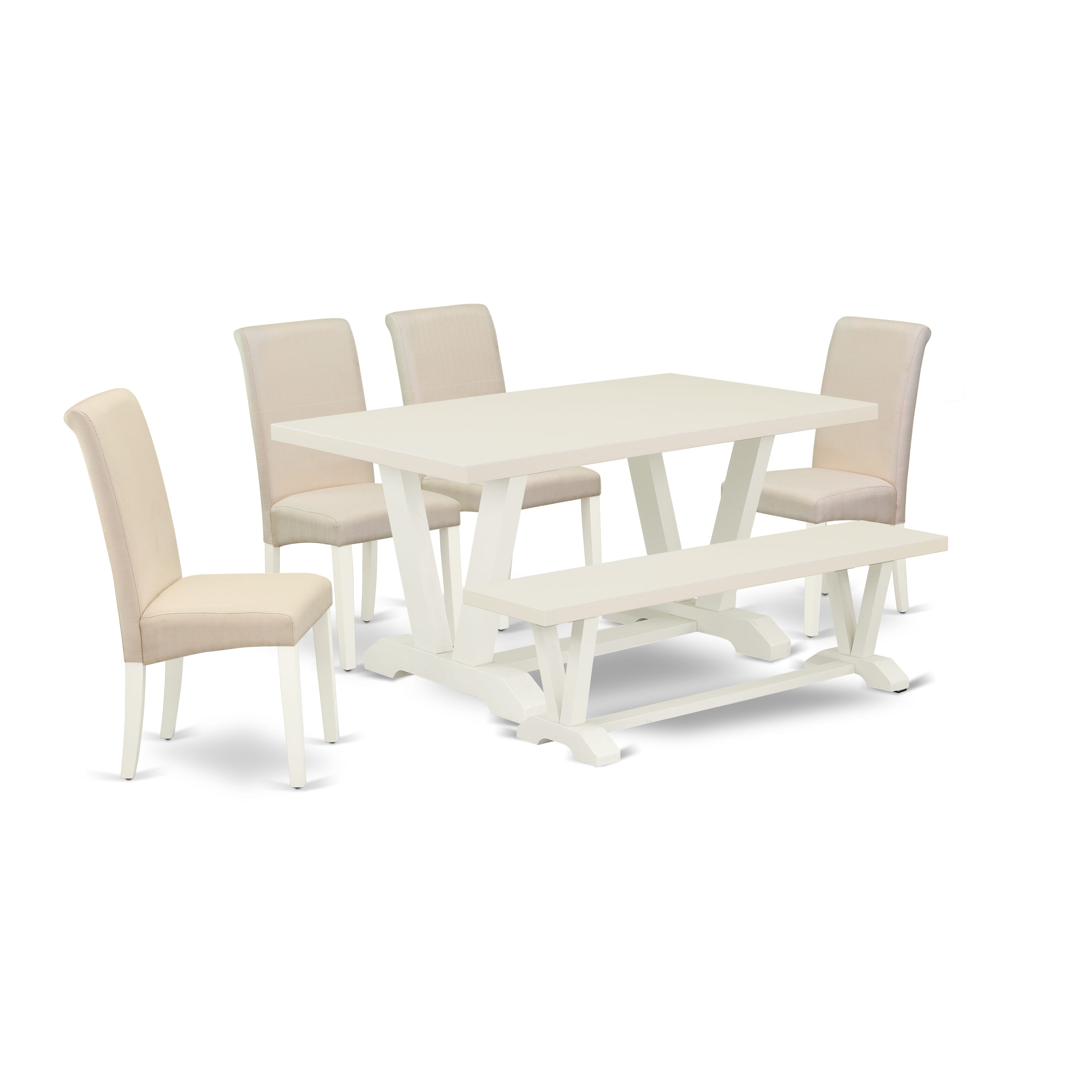 East West Furniture V026BA201-6 6-Piece Dinette Table Set-Luxurious cream linen fabric Seat and High Stylish Chair Back Parson chairs, a Rectangular Bench and Rectangular top dining table with Wood Legs - linen white and linen white Finish