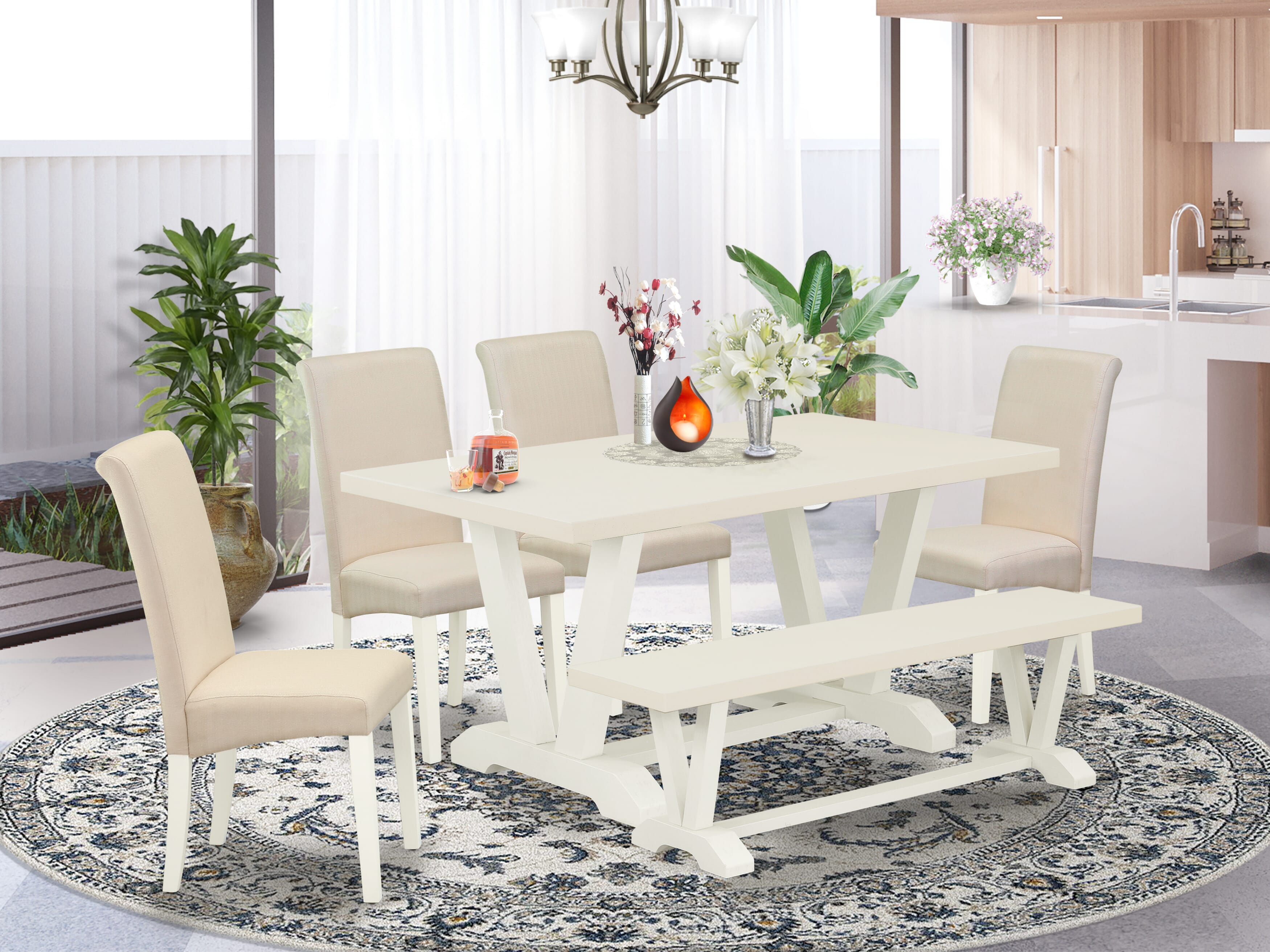 East West Furniture V026BA201-6 6-Piece Dinette Table Set-Luxurious cream linen fabric Seat and High Stylish Chair Back Parson chairs, a Rectangular Bench and Rectangular top dining table with Wood Legs - linen white and linen white Finish
