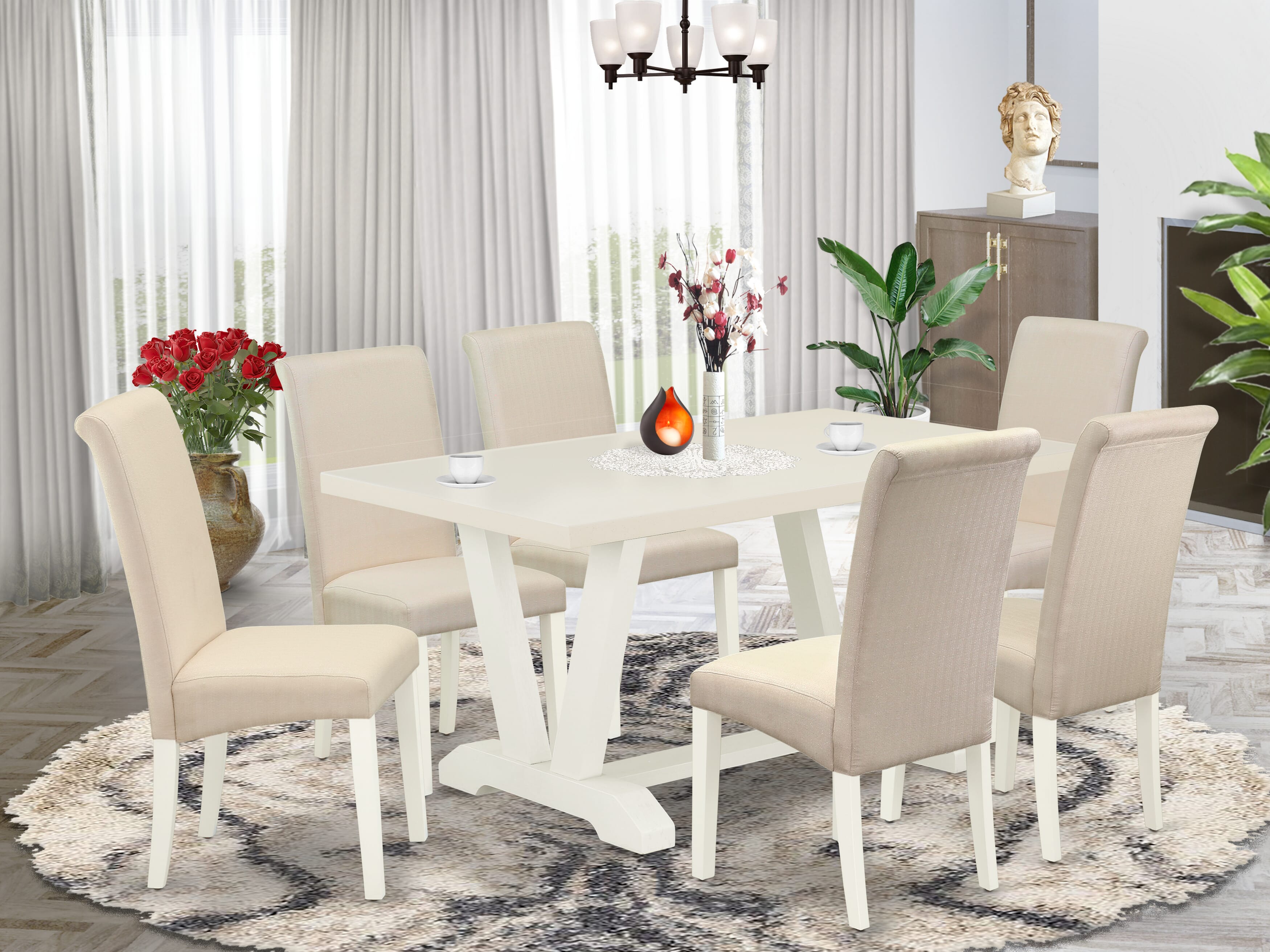 East West Furniture V026Ba201-7 - Juego de cocina de 7 piezas - 6 sillas Parson y una mesa de comedor con estructura de madera noble