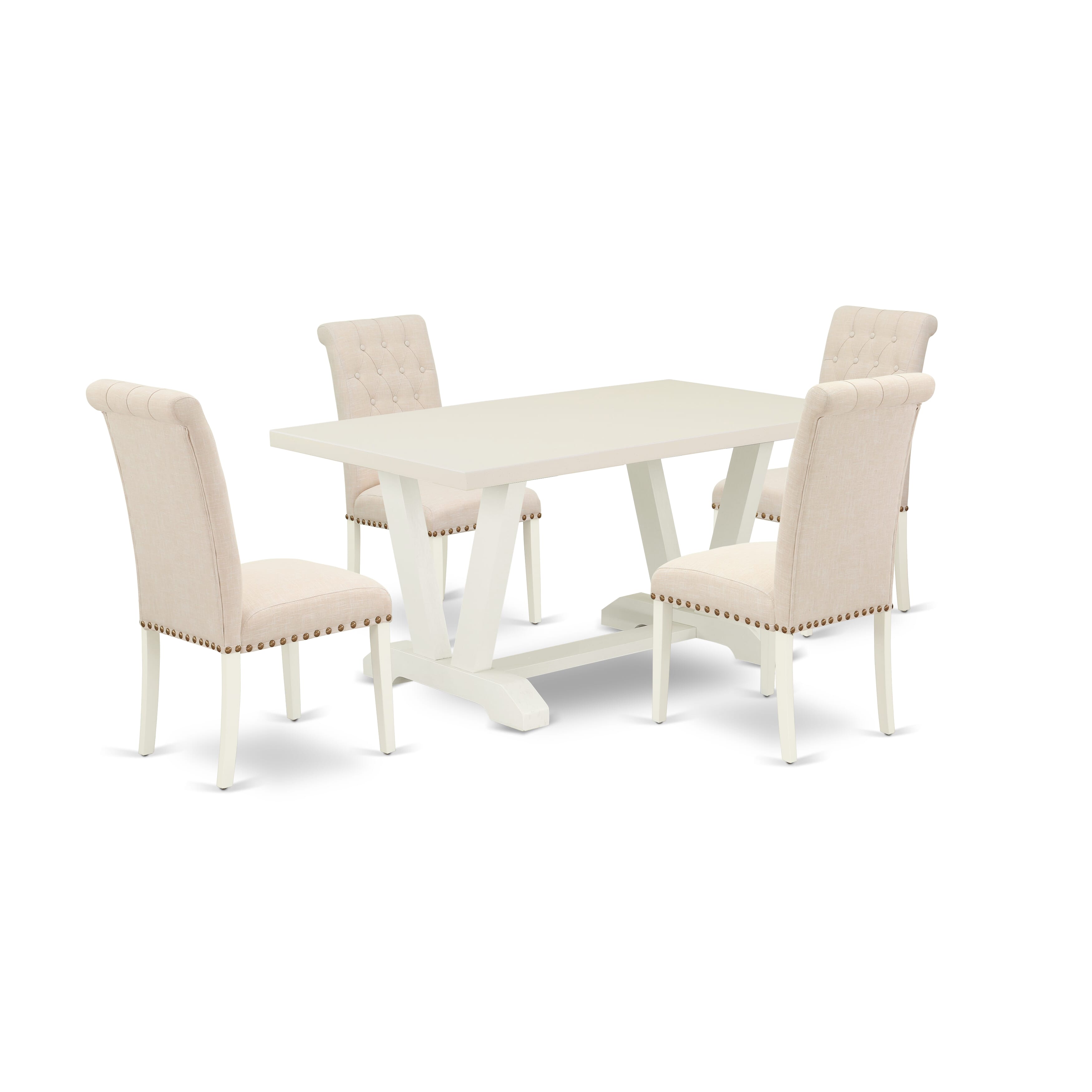 East West Furniture V026BR202-5 5-Pc Dining Table SetIncluded 4 Parson Dining chairs Upholstered Seat and High Button Tufted Chair Back and Rectangular Wood Dining Table with linen white Dining Table top (linen white Finish)