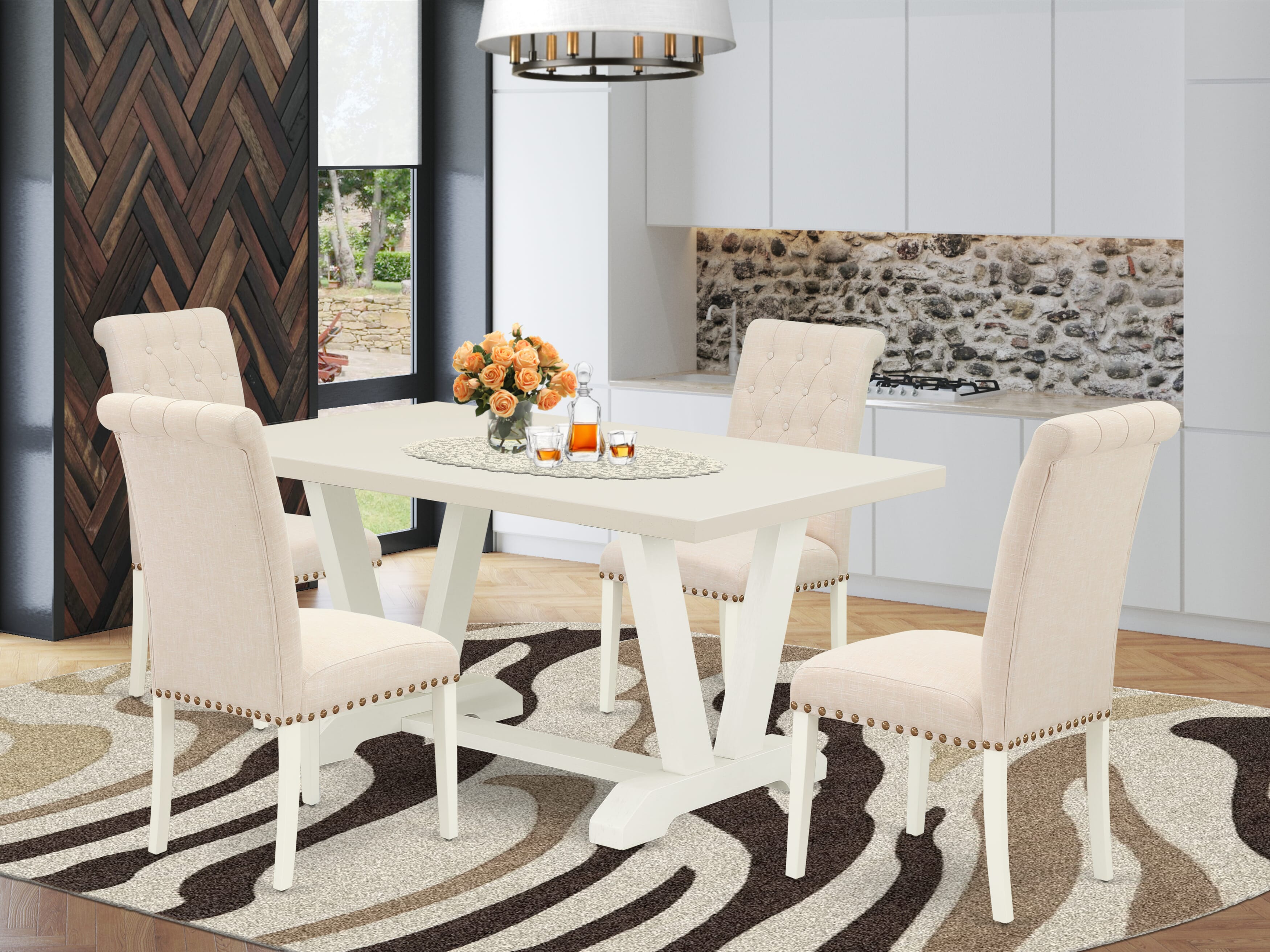 East West Furniture V026BR202-5 5-Pc Dining Table SetIncluded 4 Parson Dining chairs Upholstered Seat and High Button Tufted Chair Back and Rectangular Wood Dining Table with linen white Dining Table top (linen white Finish)