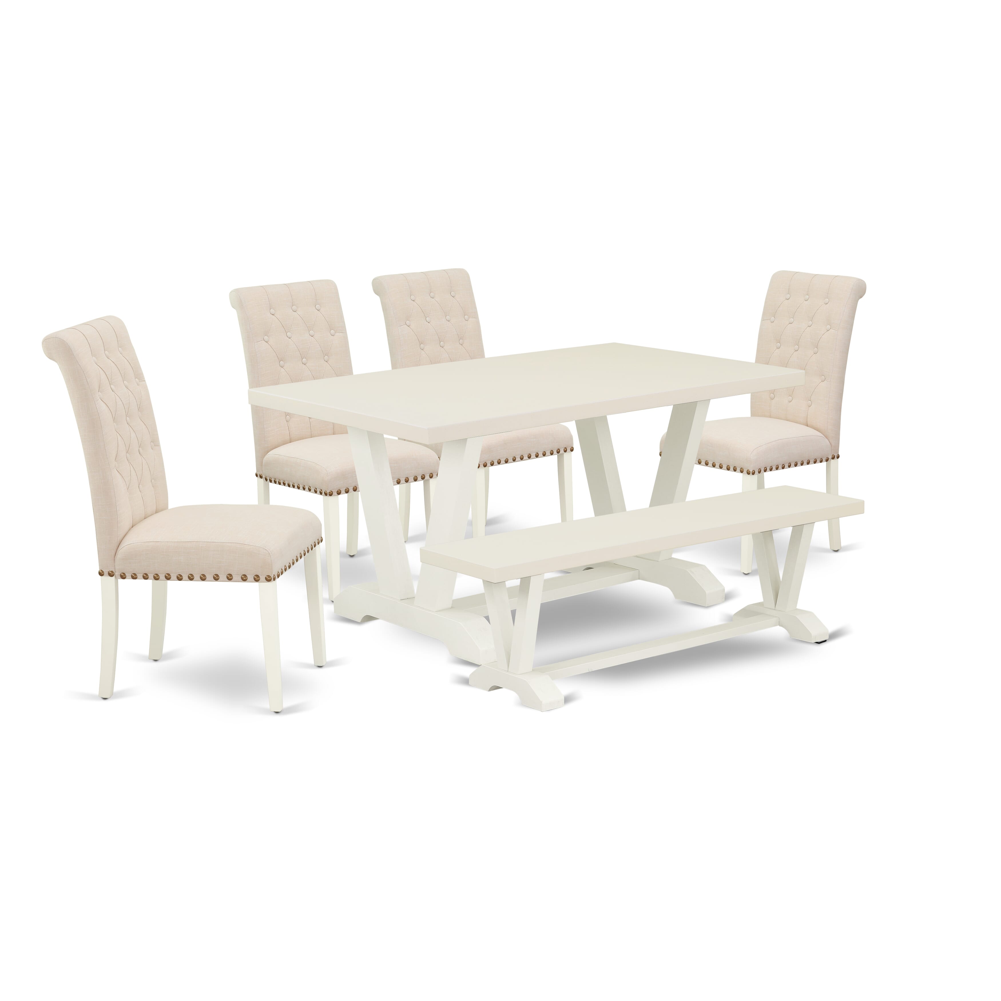 East West Furniture V026BR202-6 6-Pc dining table set-Light Beige Linen Fabric Seat and Button Tufted Chair Back Dining chairs, a Rectangular Bench and Rectangular top Mid Century Dining Table with Wood Legs - linen white and linen white Finish
