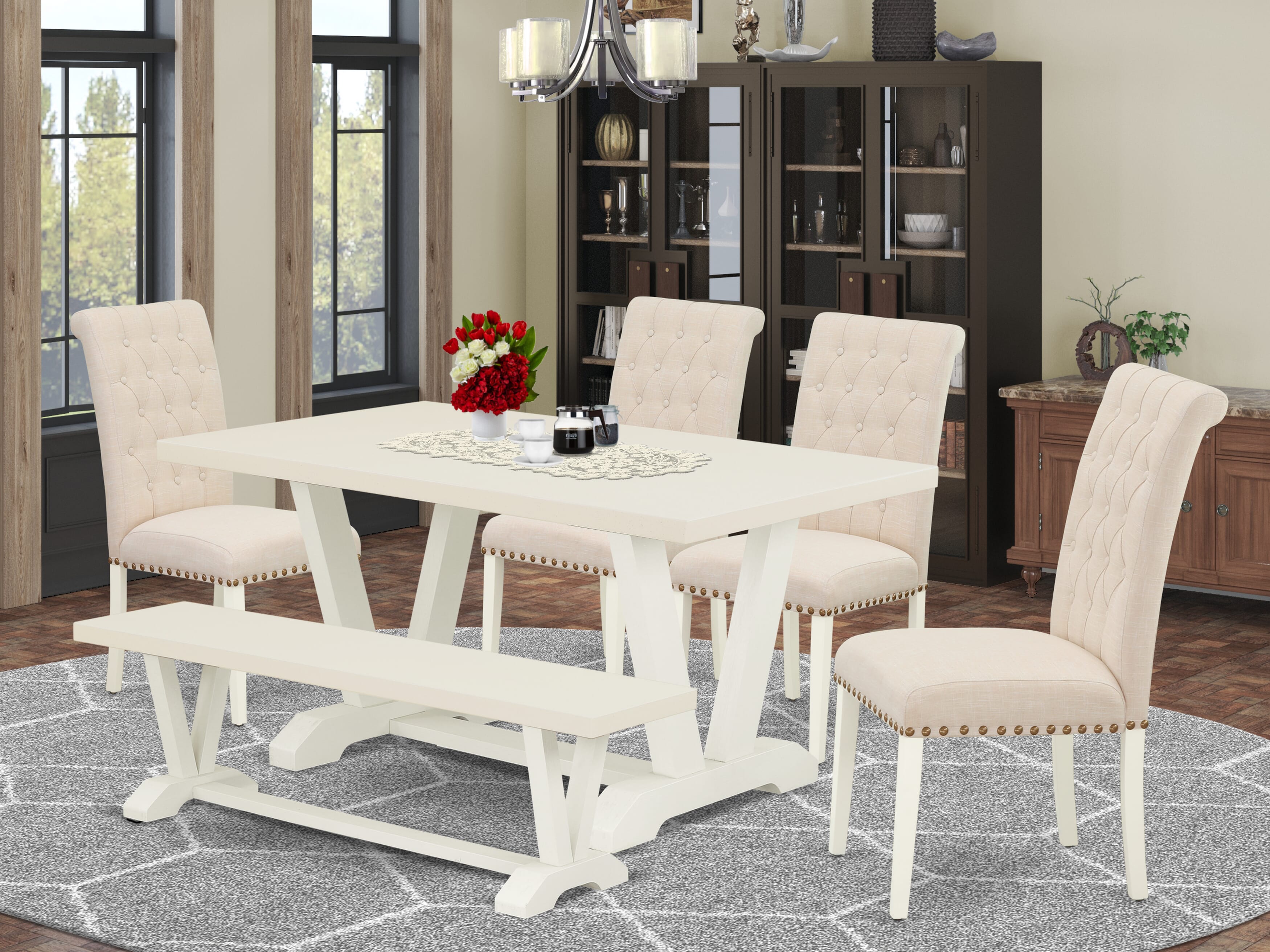 East West Furniture V026BR202-6 6-Pc dining table set-Light Beige Linen Fabric Seat and Button Tufted Chair Back Dining chairs, a Rectangular Bench and Rectangular top Mid Century Dining Table with Wood Legs - linen white and linen white Finish