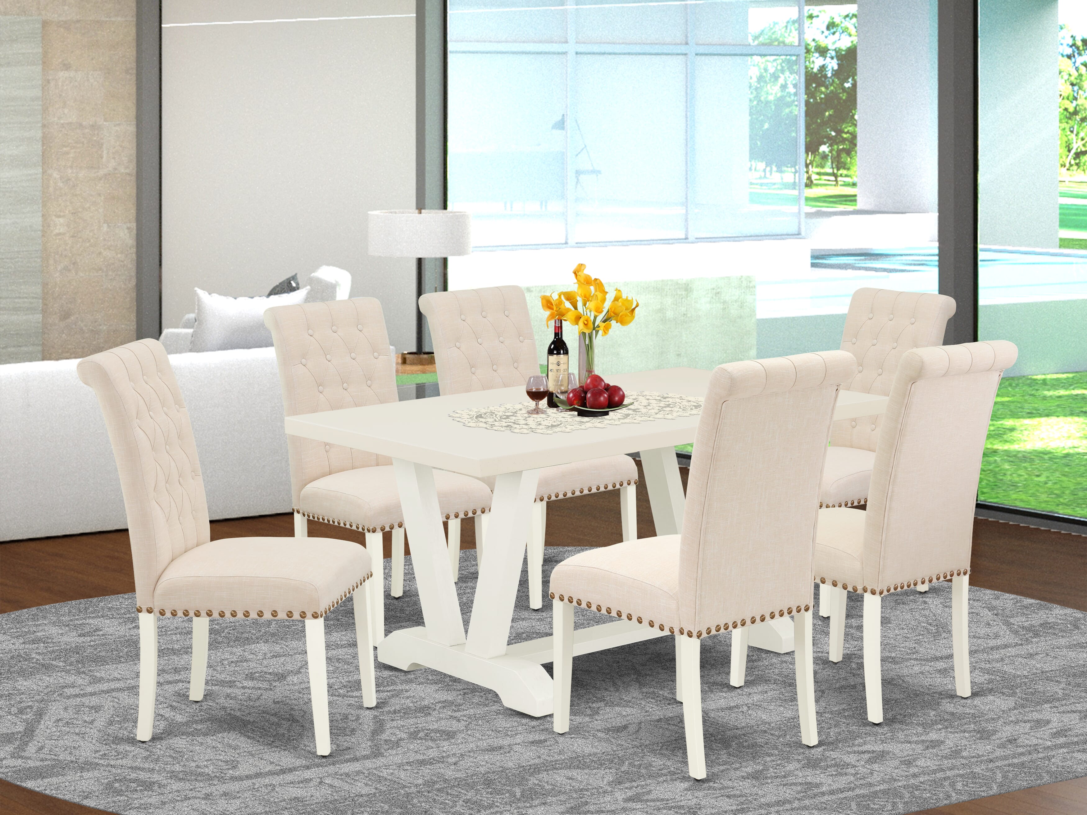 East West Furniture V026BR202-7 7-Pc Dining Set a Great linen white Kitchen Table top and 6 Gorgeous padded parson chairs with Nail Heads and Button Tufted, linen white Finish