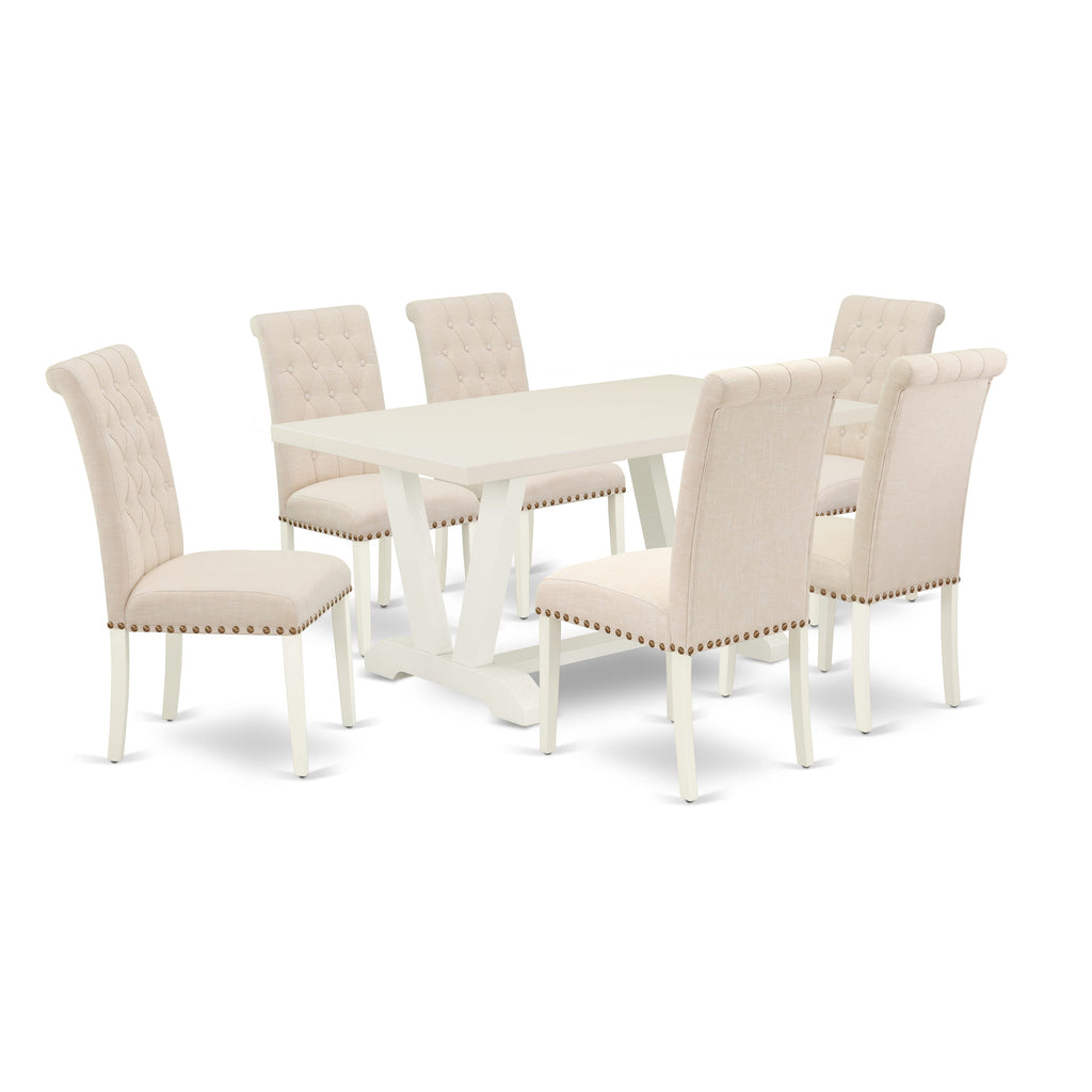 East West Furniture V026BR202-7 7-Pc Dining Set a Great linen white Kitchen Table top and 6 Gorgeous padded parson chairs with Nail Heads and Button Tufted, linen white Finish