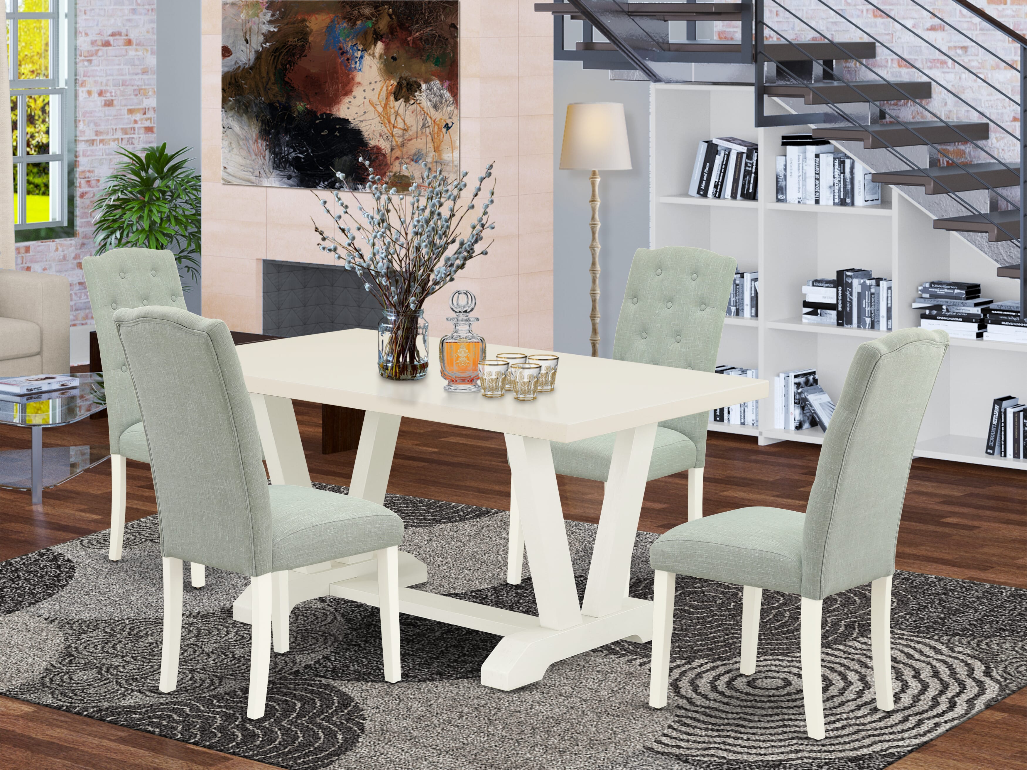 East West Furniture V026CE215-5 5-Pc Dining Room Table Set- 4 Parson Chairs with Baby Blue Linen Fabric Seat and Button Tufted Chair Back - Rectangular Room Table - linen white Finish