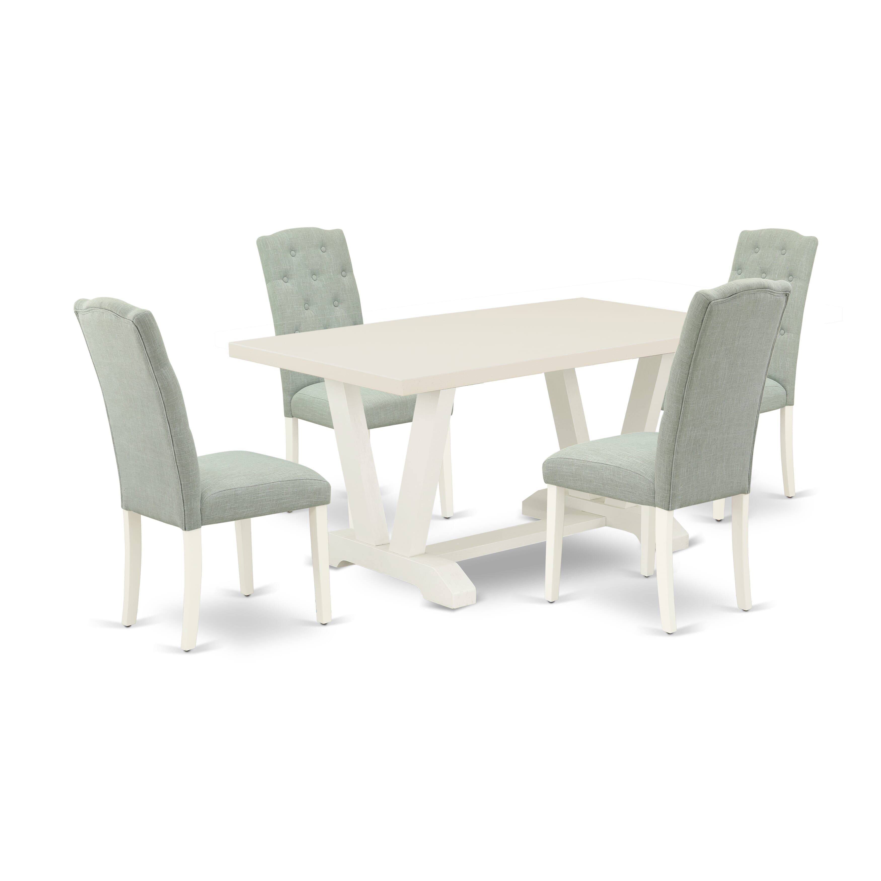 East West Furniture V026CE215-5 5-Pc Dining Room Table Set- 4 Parson Chairs with Baby Blue Linen Fabric Seat and Button Tufted Chair Back - Rectangular Room Table - linen white Finish