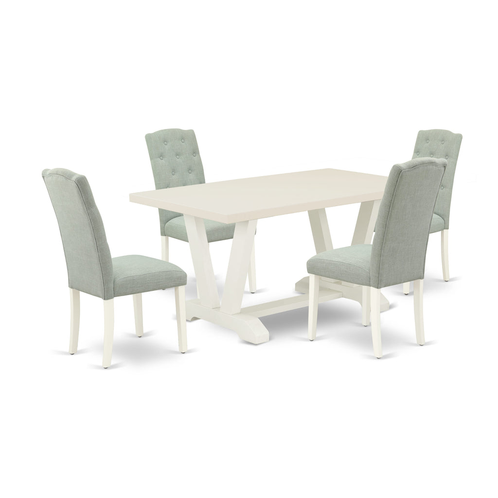 East West Furniture 5-Pc Dining Room Table Set- 4 Parson Chairs with Baby Blue Linen Fabric Seat and Button Tufted Chair Back - Rectangular Table Top & Wooden Legs - Linen White Finish