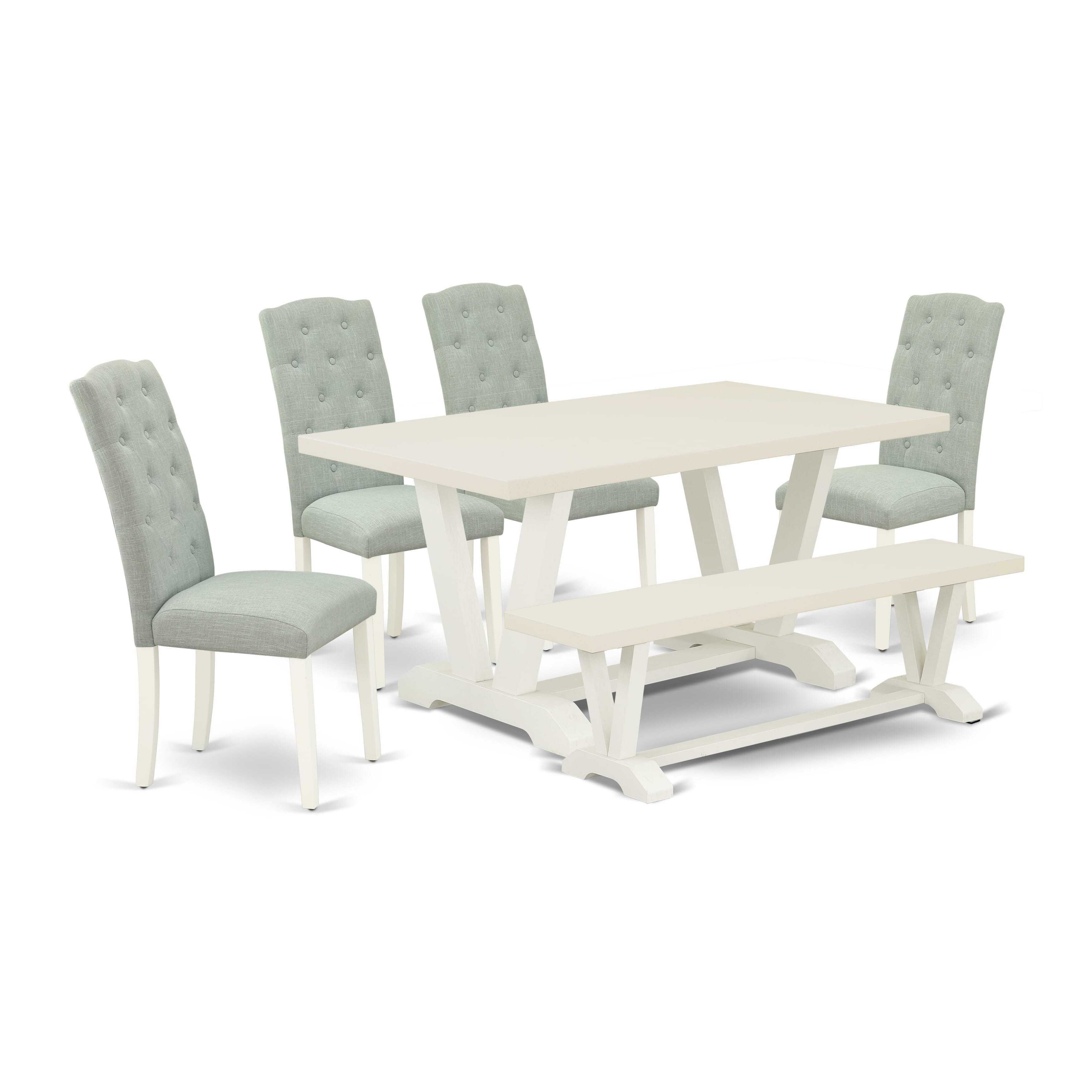 East West Furniture 6-Pc Dining Room Set- 4 Padded Parson Chairs with Baby Blue Linen Fabric Seat and Button Tufted Chair Back - Rectangular top & Wooden Legs Dining Room Table and Kitchen Bench (linen white Finish)