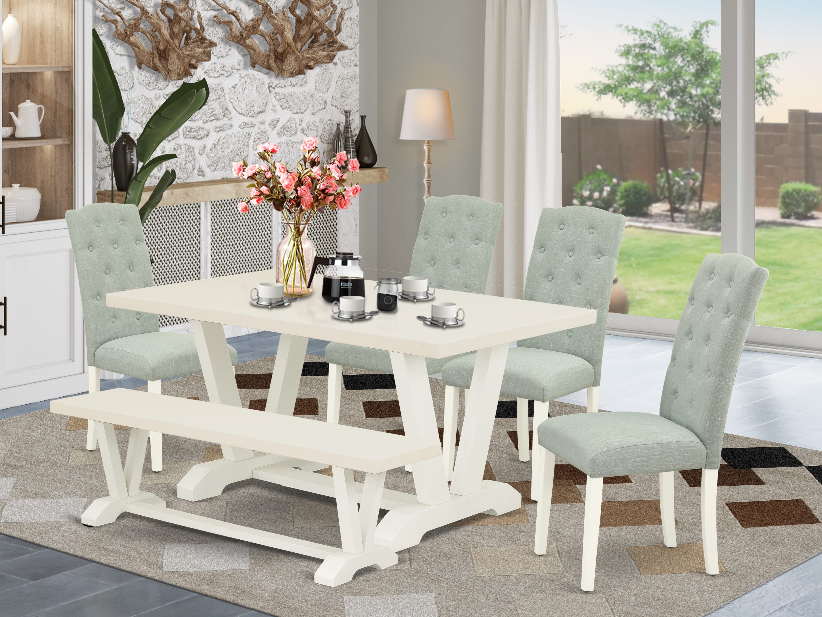 East West Furniture 6-Pc Dining Room Set- 4 Padded Parson Chairs with Baby Blue Linen Fabric Seat and Button Tufted Chair Back - Rectangular top & Wooden Legs Dining Room Table and Kitchen Bench (linen white Finish)