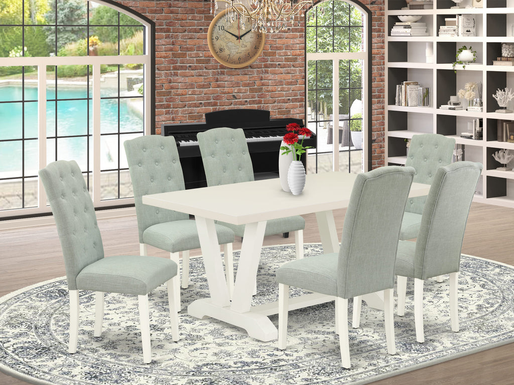 Juego de comedor East West Furniture de 7 piezas, 6 sillas de cocina con asiento de tela de lino azul bebé y respaldo capitoné con botones, tablero rectangular y patas de madera, acabado en blanco lino.