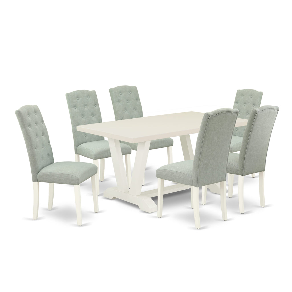 Juego de comedor East West Furniture de 7 piezas, 6 sillas de cocina con asiento de tela de lino azul bebé y respaldo capitoné con botones, tablero rectangular y patas de madera, acabado en blanco lino.