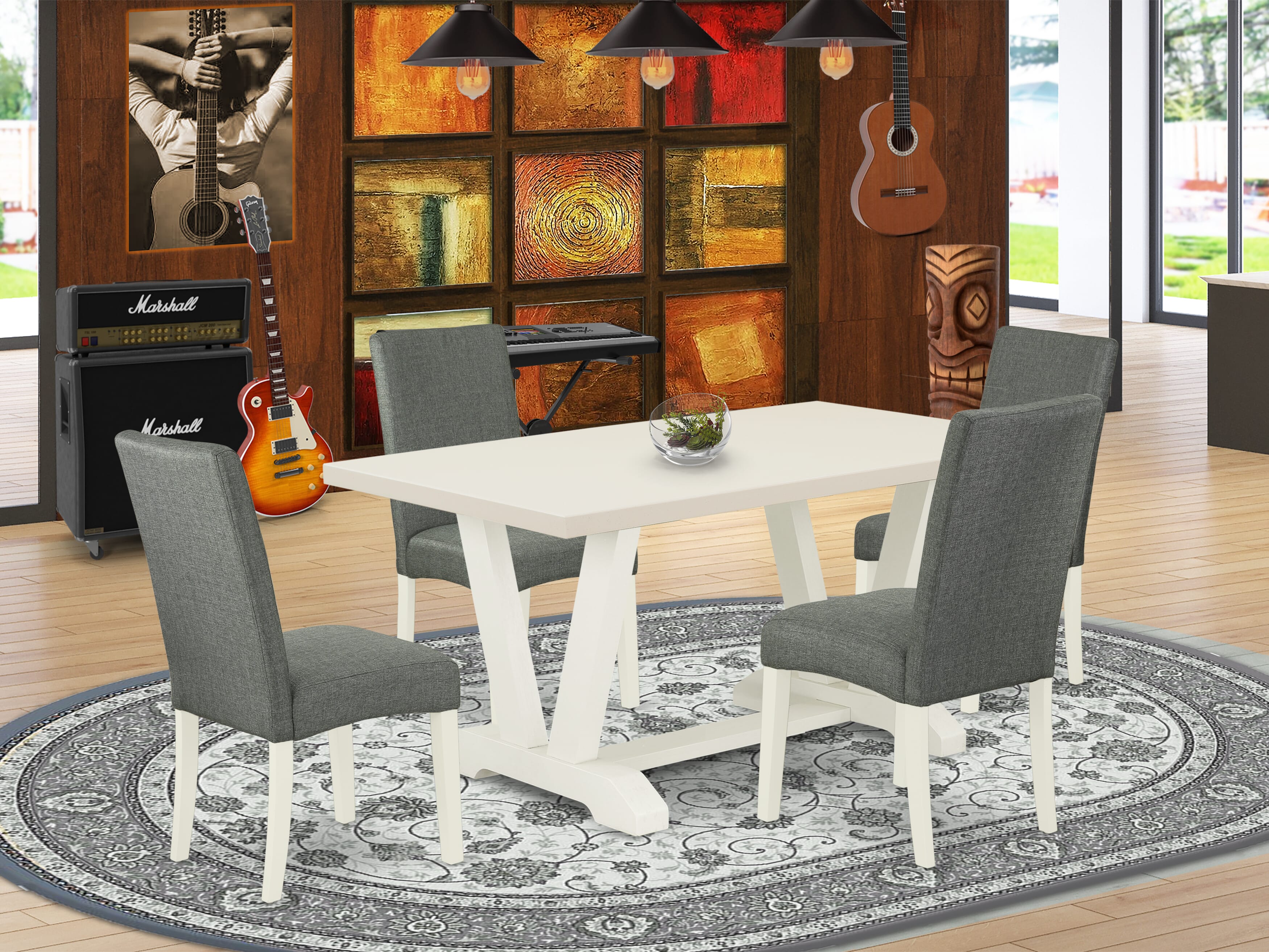 East West Furniture V026DR207-5 - Juego de mesa de comedor de 5 piezas - 4 sillas Parson y una mesa rectangular con estructura de madera noble