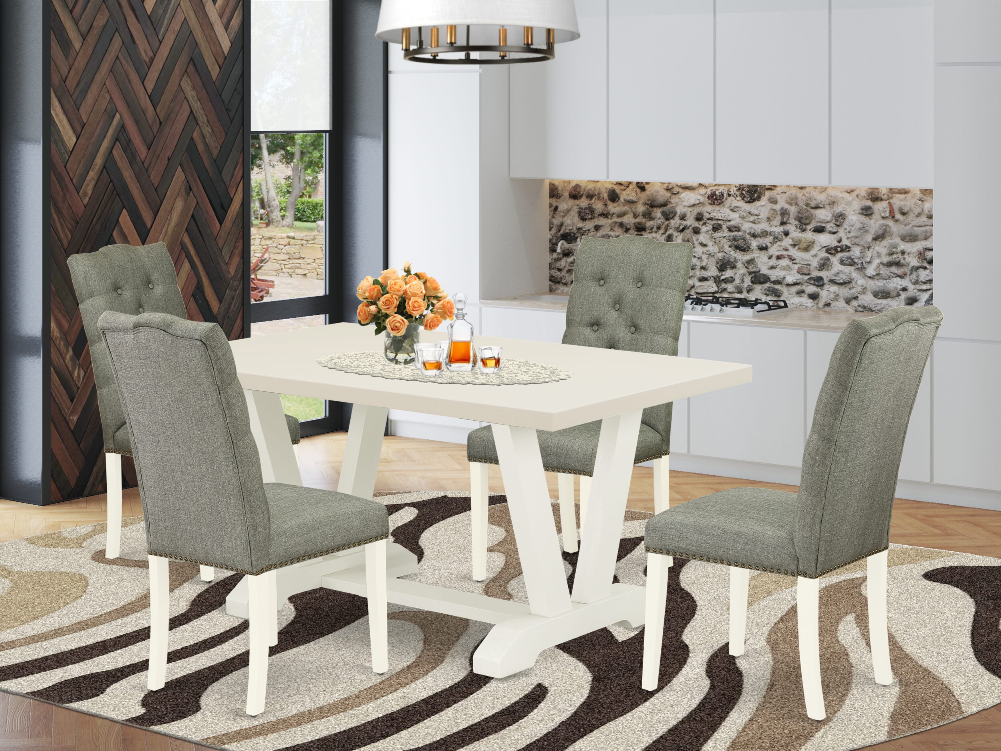 East West Furniture V026EL207-5 5-Piece Dining room Table SetIncluded 4 Parson Dining chairs Upholstered Seat and High Button Tufted Chair Back and Rectangular Dining Table with linen white Table top (linen white Finish)