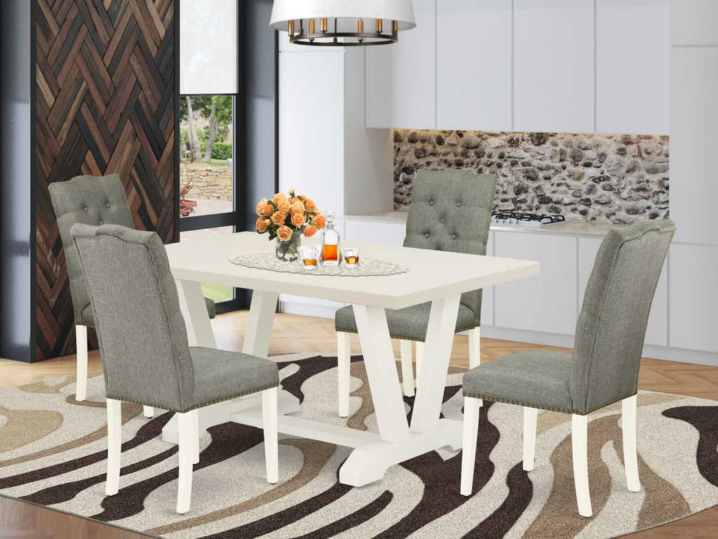East West Furniture 5-Piece Dining room Table Set Included 4 Parson Dining chairs Upholstered Seat and High Button Tufted Chair Back and Rectangular Dining Table with Linen White Table Top - Linen White Finish