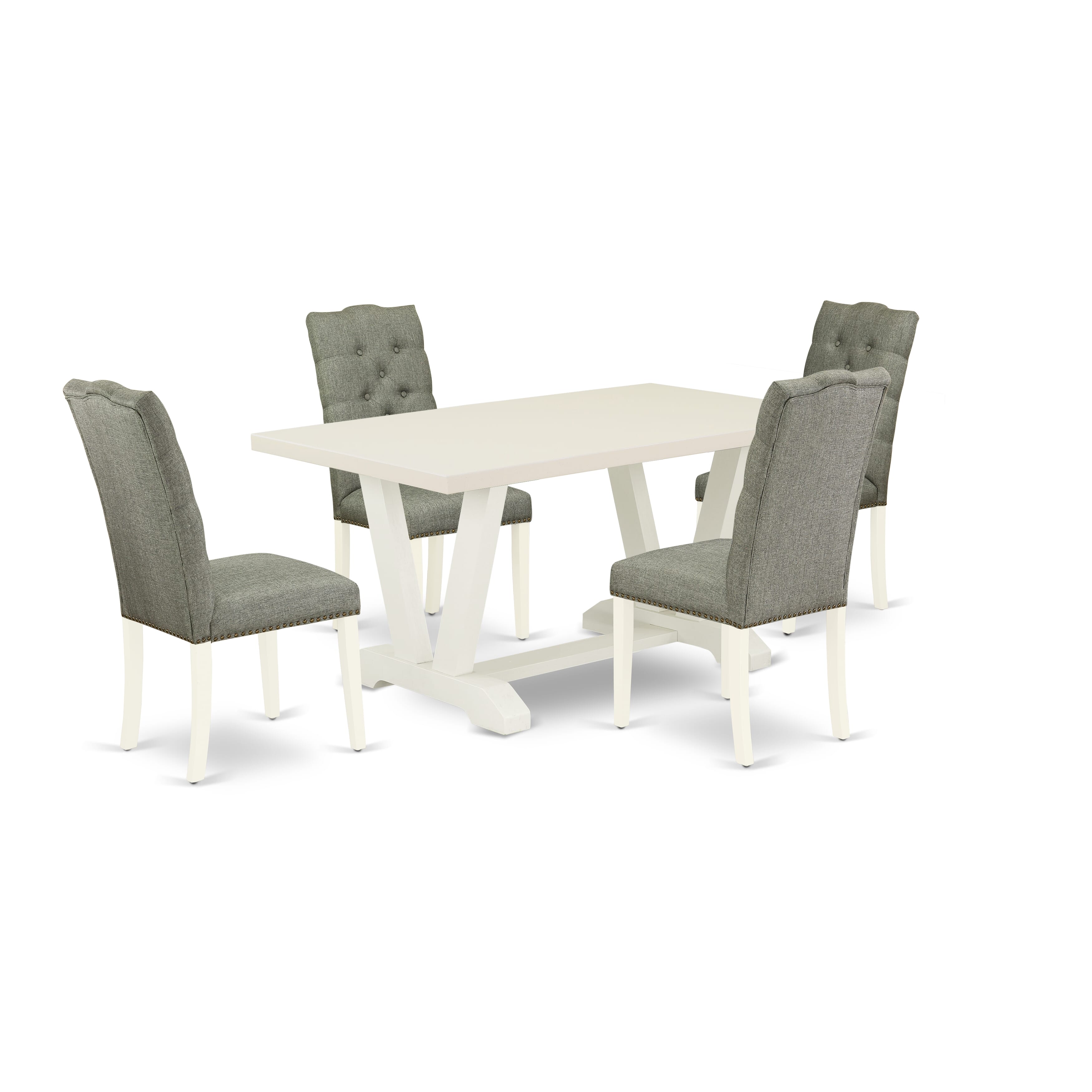 East West Furniture V026EL207-5 5-Piece Dining room Table SetIncluded 4 Parson Dining chairs Upholstered Seat and High Button Tufted Chair Back and Rectangular Dining Table with linen white Table top (linen white Finish)