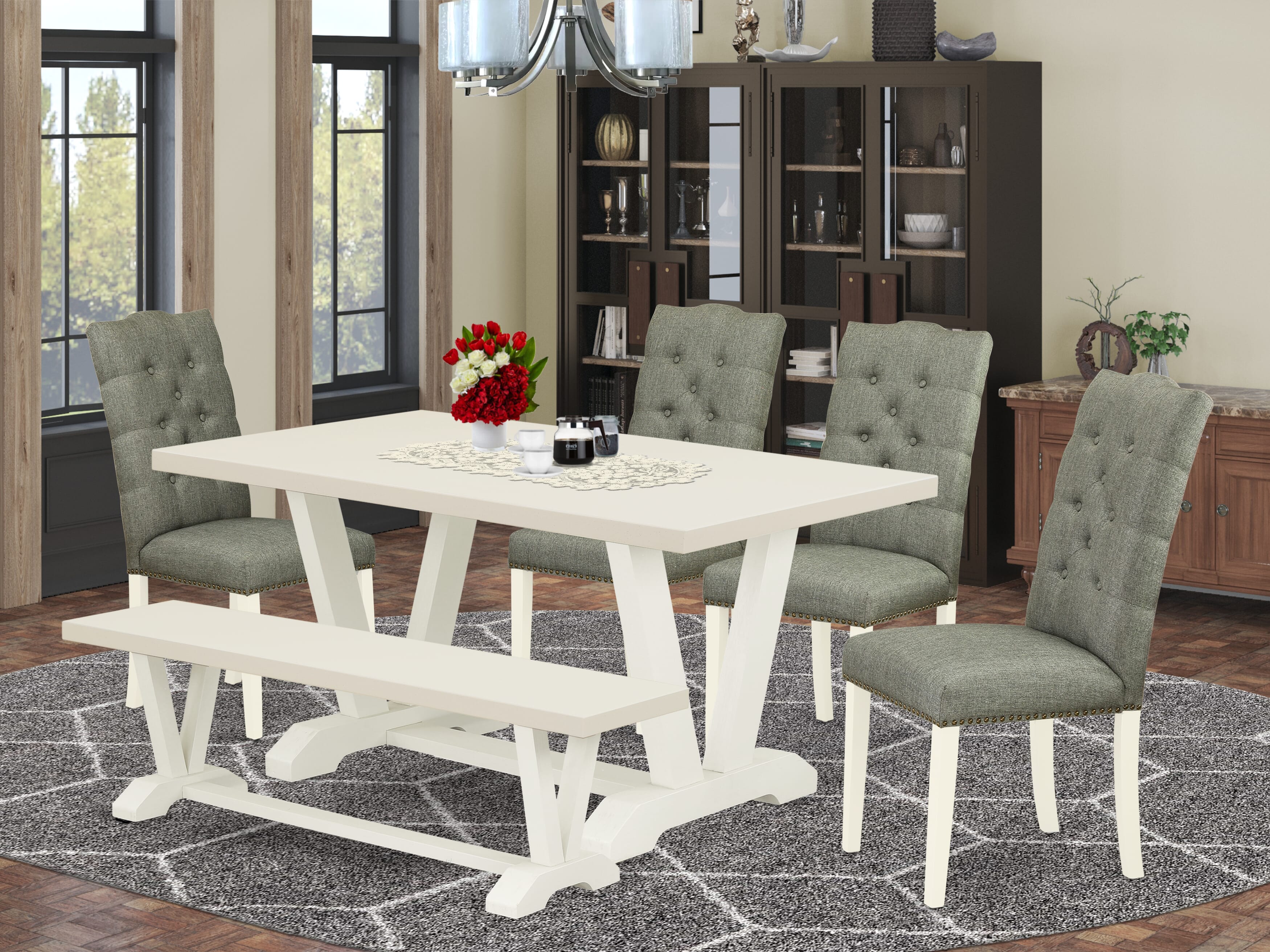 Juego de mesa de comedor de 6 piezas East West Furniture con asiento de tela de lino color humo y respaldo capitoné con botones, sillas de comedor Parson