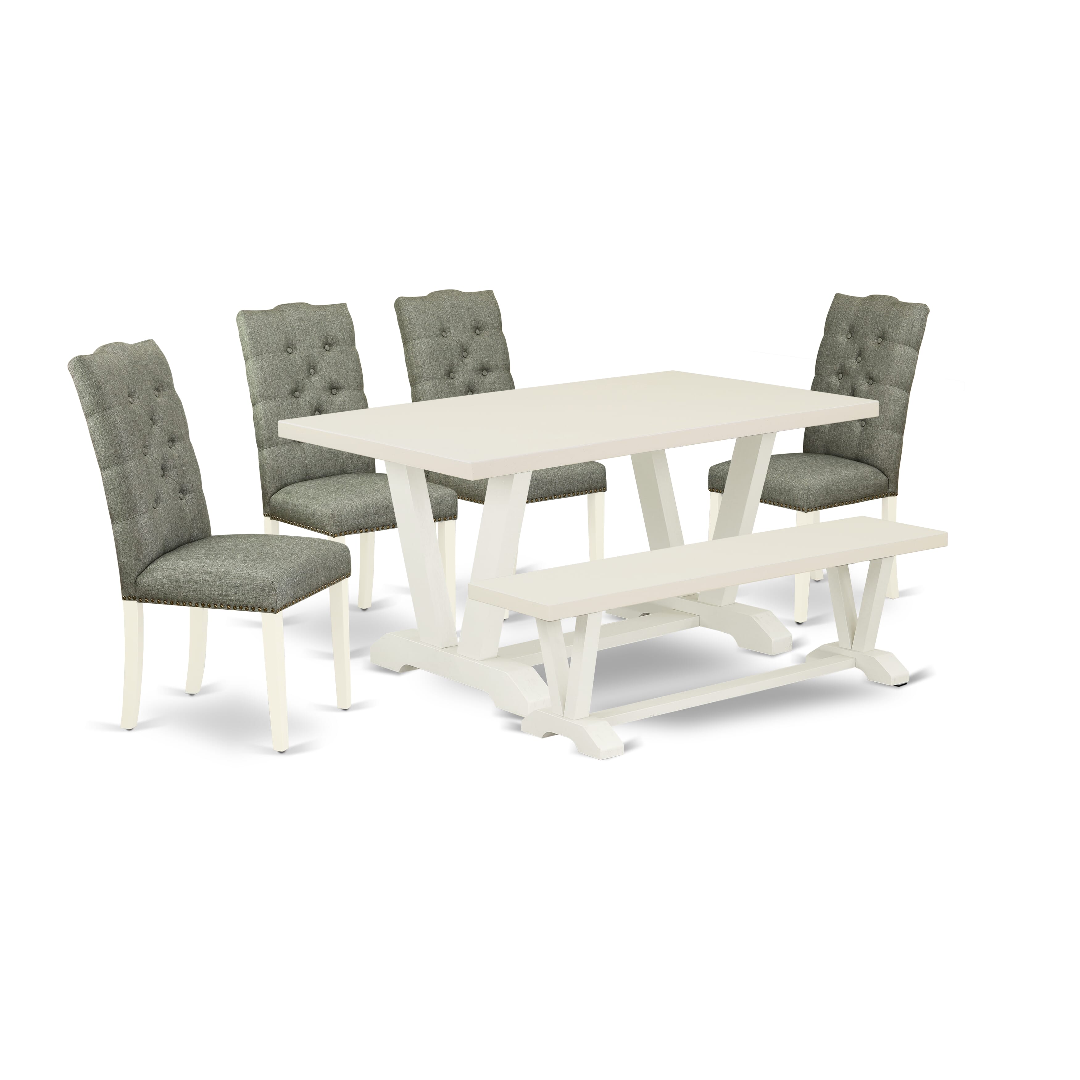 Juego de mesa de comedor de 6 piezas East West Furniture con asiento de tela de lino color humo y respaldo capitoné con botones, sillas de comedor Parson