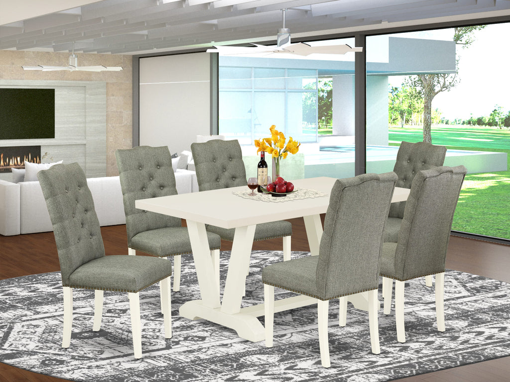 East West Furniture V026EL207-7 7-Piece Modern Dining Table Set a Beautiful linen white Small Kitchen Table top and 6 Beautiful Kitchen Parson Chair with Nail Heads and Button Tufted, linen white Finish