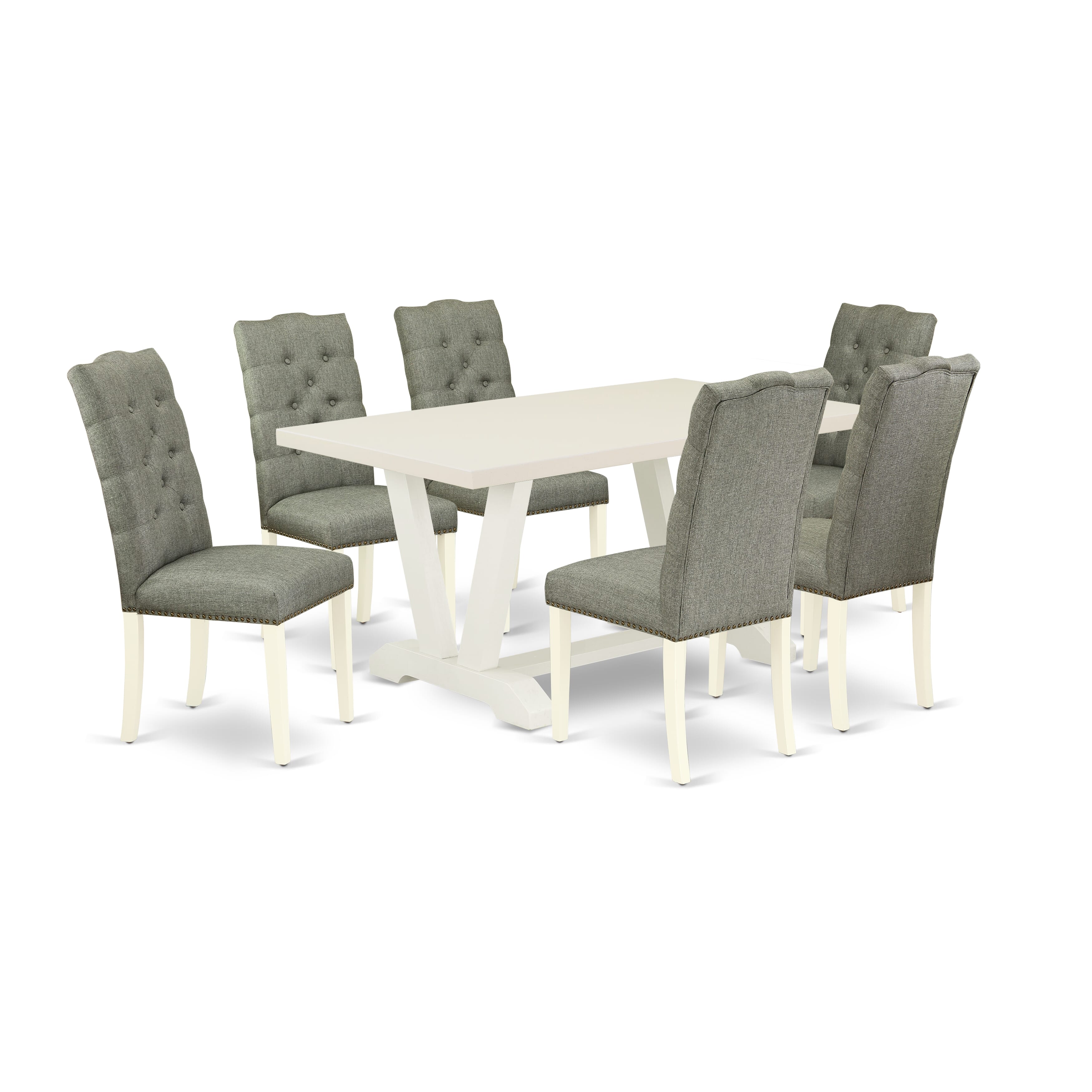 East West Furniture V026EL207-7 7-Piece Modern Dining Table Set a Beautiful linen white Small Kitchen Table top and 6 Beautiful Kitchen Parson Chair with Nail Heads and Button Tufted, linen white Finish