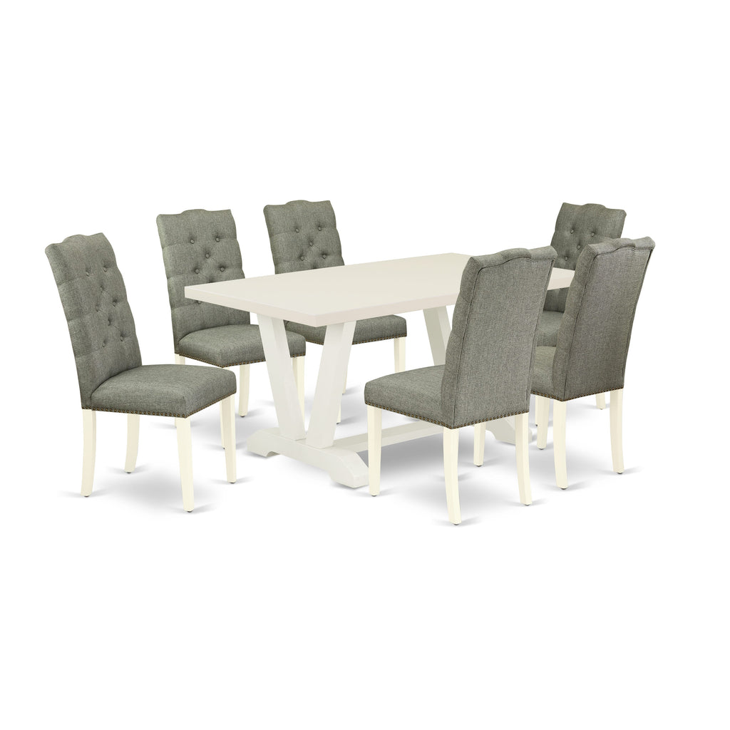 East West Furniture V026EL207-7 7-Piece Modern Dining Table Set a Beautiful linen white Small Kitchen Table top and 6 Beautiful Kitchen Parson Chair with Nail Heads and Button Tufted, linen white Finish